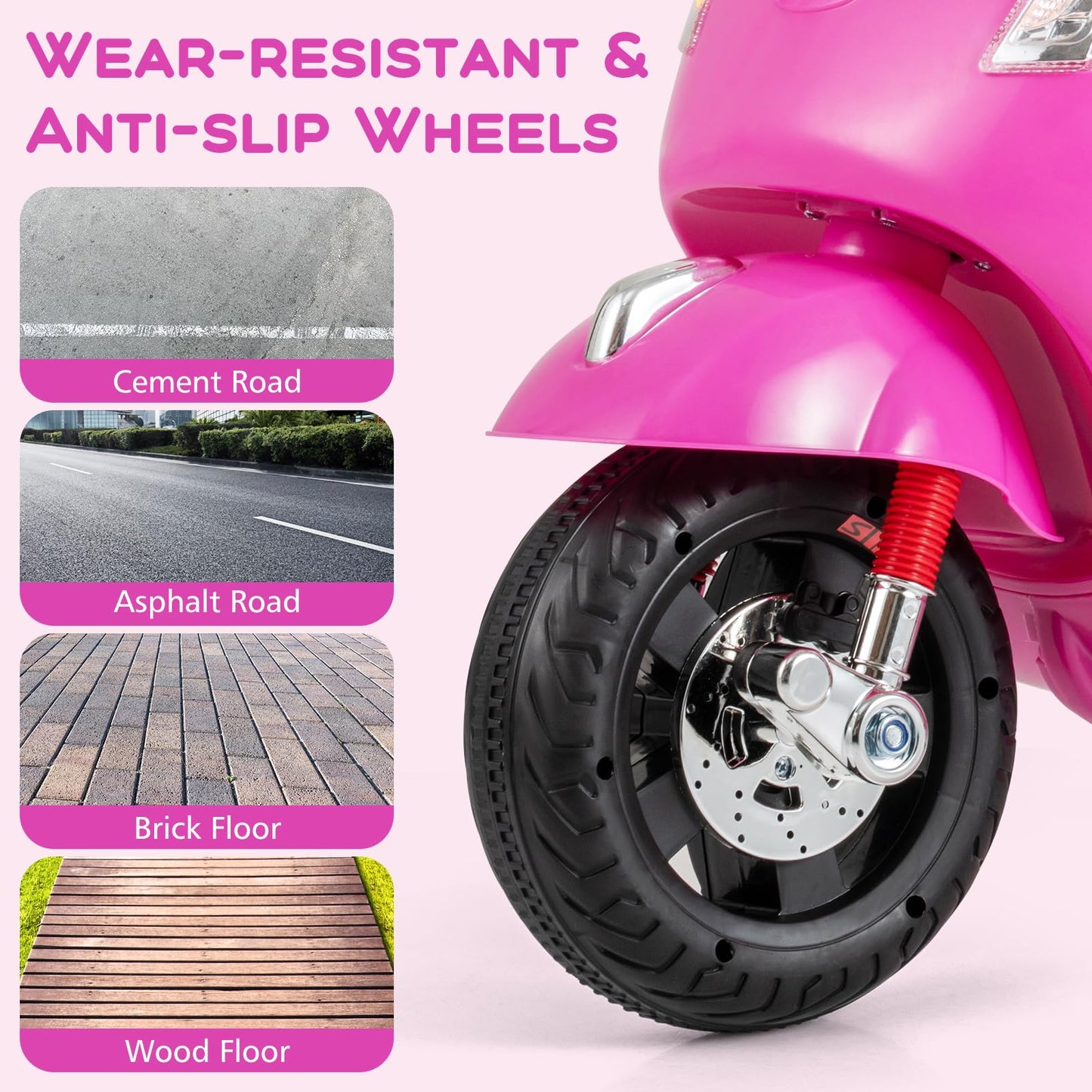 Licensed Vespa 12V Kids Motorcycle by INFANS with Training Wheels, Music, Story, Horn, Lights for 3-6 Years (Pink)