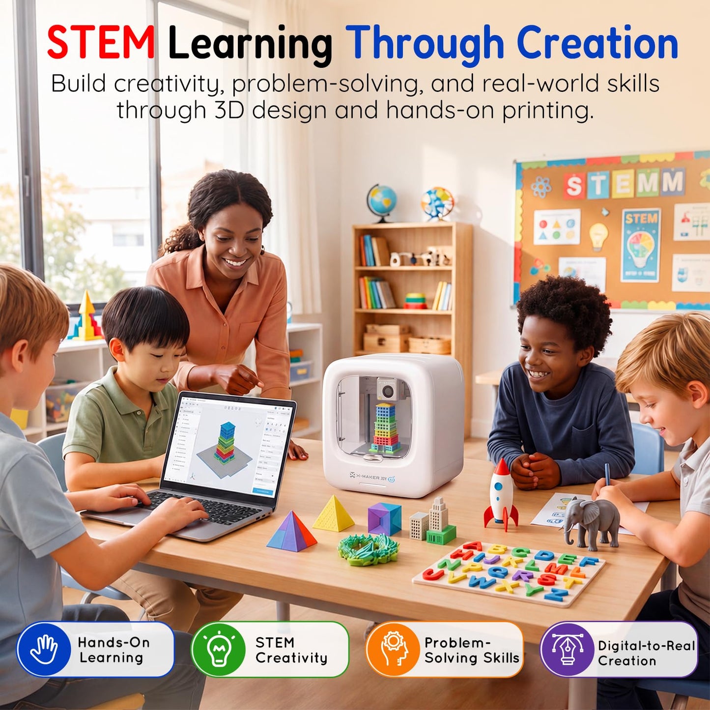 AOSEED 3D Printer for Kids, Fully Assembled AI 3D Printer with 8,000+ Models & 17+ Modules, 400mm/s High Speed, Leveling Free, STEM Toy Gift with 8 PLA Filaments for Home & School, X-Maker Joy AI+