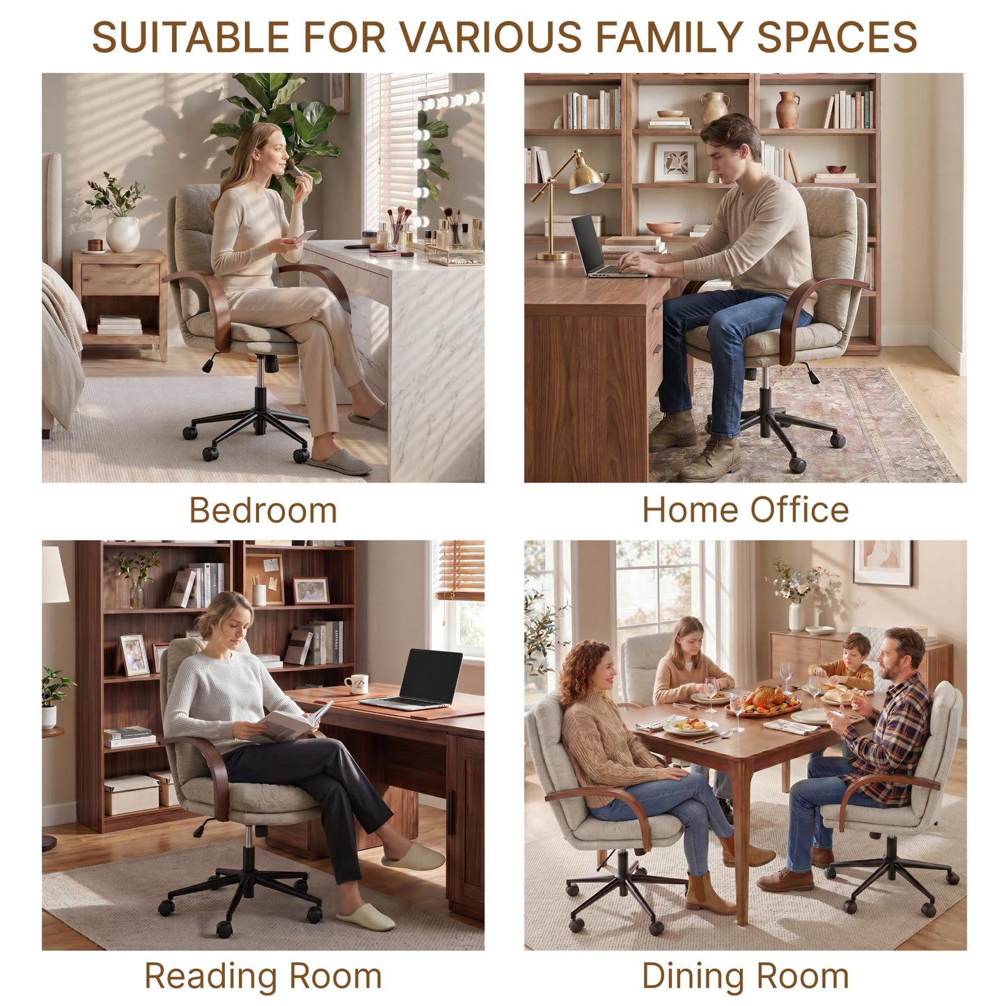 KISLOT Home Office Desk Chair, Ergonomic Office Chair with Lumbar Support, Adjustable Swivel Computer Chair with Wheels, Fabric Executive Task Chair with Wood Arms, Khaki