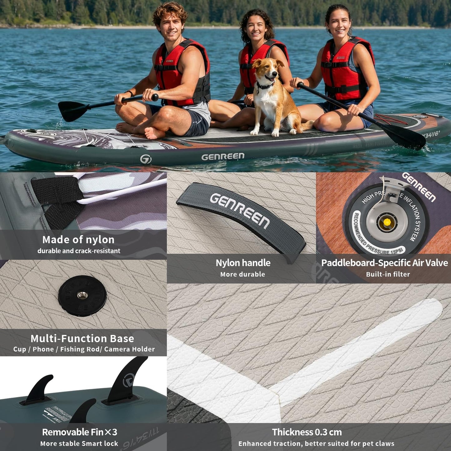 Genreen Paddle Board Stand up Inflatable SUP 11'x34' Thickened PVC 3 People 5 Grips 3 Fins Double Layer Edge 450LBS Multi Mount x2 Fishing Ink Teal