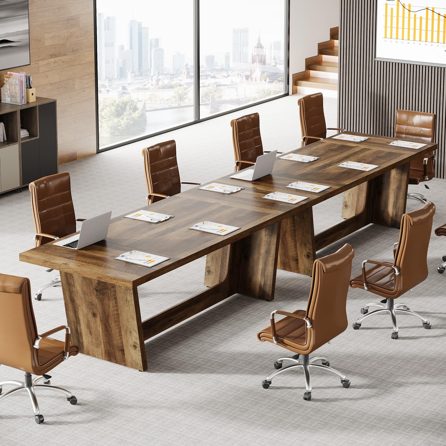Tribesigns 6 FT Conference Room Table, 71”Large Executive Seminar Desk for 6–8 People, Rectangular Meeting Table for Office, Heavy-Duty Business Boardroom Table with Wooden Pedestal Base, Dark Brown