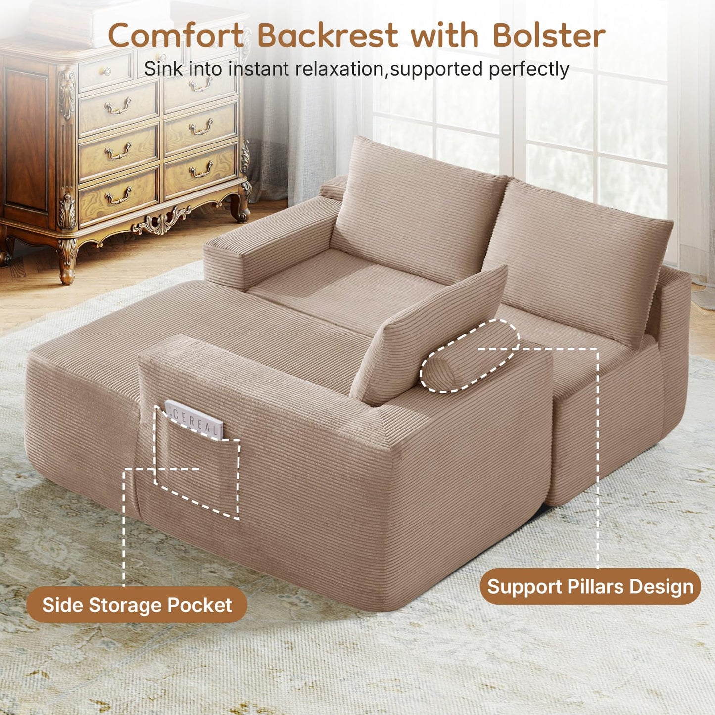 Skepphlay 97" L Shaped Boneless Couches fo Living Room, Modular Sectional Sofa, Camel Corduroy Compression Couches for Small Spaces, No Assembly Required (Right Facing Chaise)