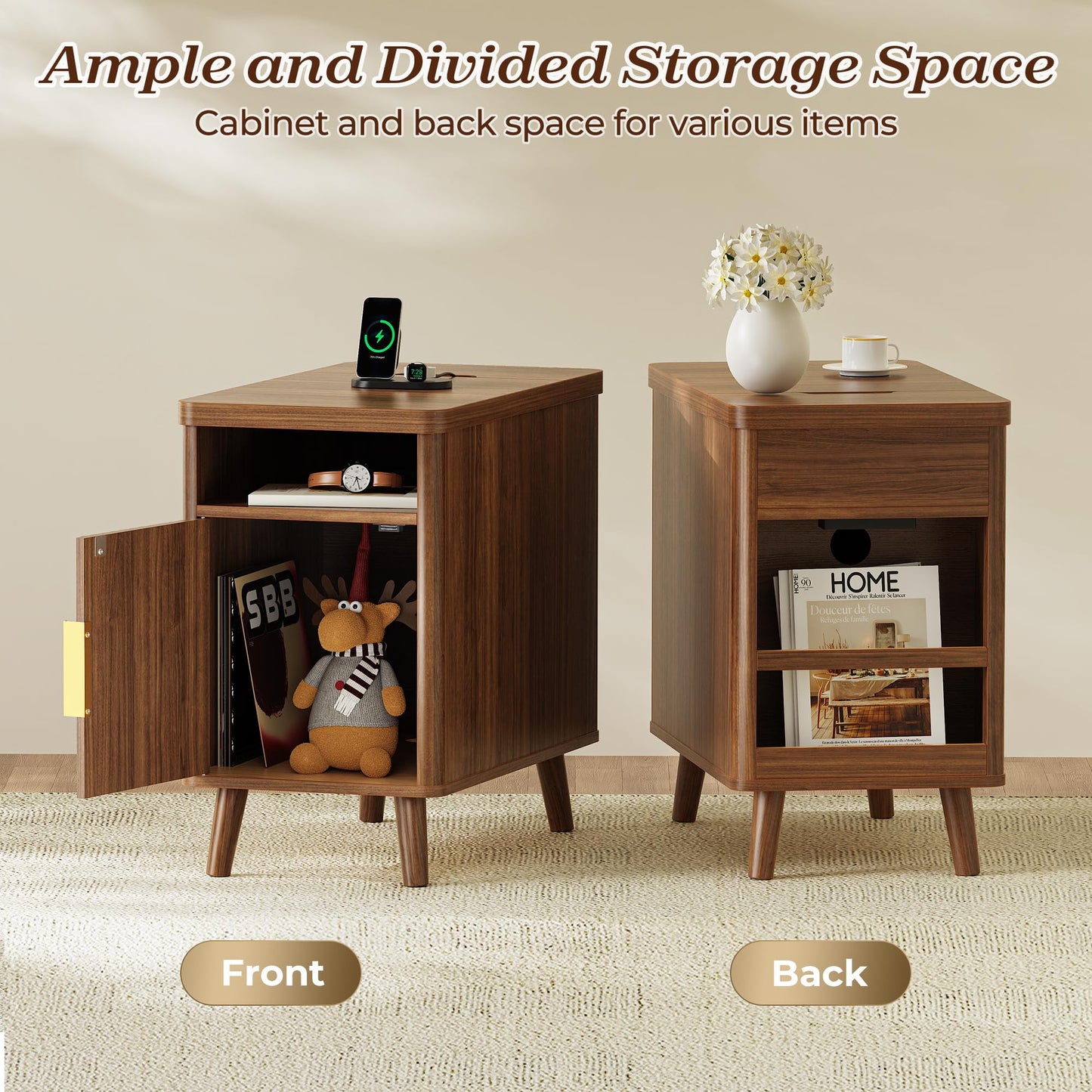 Huuger Narrow Nightstand with Charging Station, USB-C Port, Set of 2 Night Stand, Fluted End Table with Storage Cabinet, Back Rack, Side Table for Small Spaces, 13.4×23.6 Inch, Walnut