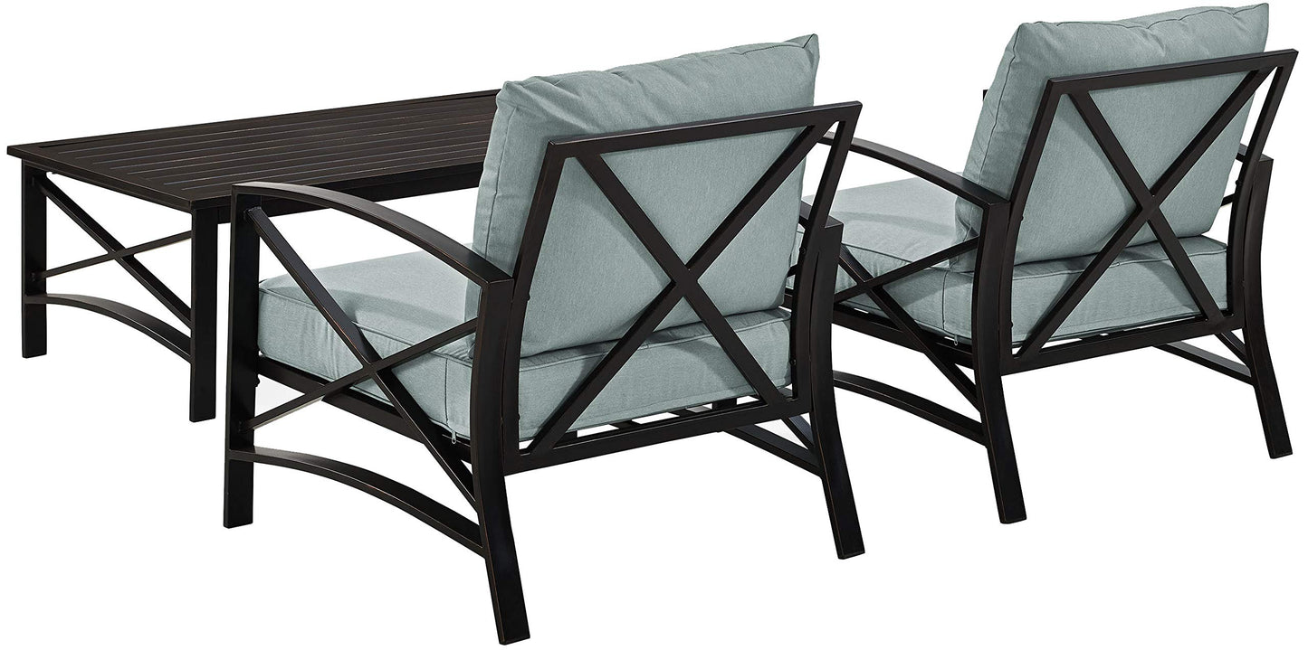 Crosley Furniture Kaplan 3-Piece Outdoor Chair and Coffee Table Set, Wicker Patio Conversation Sets for Deck, Oiled Bronze with Mist Cushions