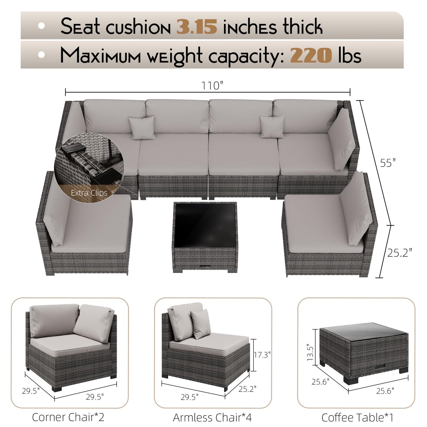 LHBcraft 7 Pieces Outdoor Furniture Set, Wicker Furniture Patio Conversation Sets with Tea Table and Thickened Beige Cushions,Grey Outdoor Patio Sectional Sofa for Garden, Poolside, Backyard