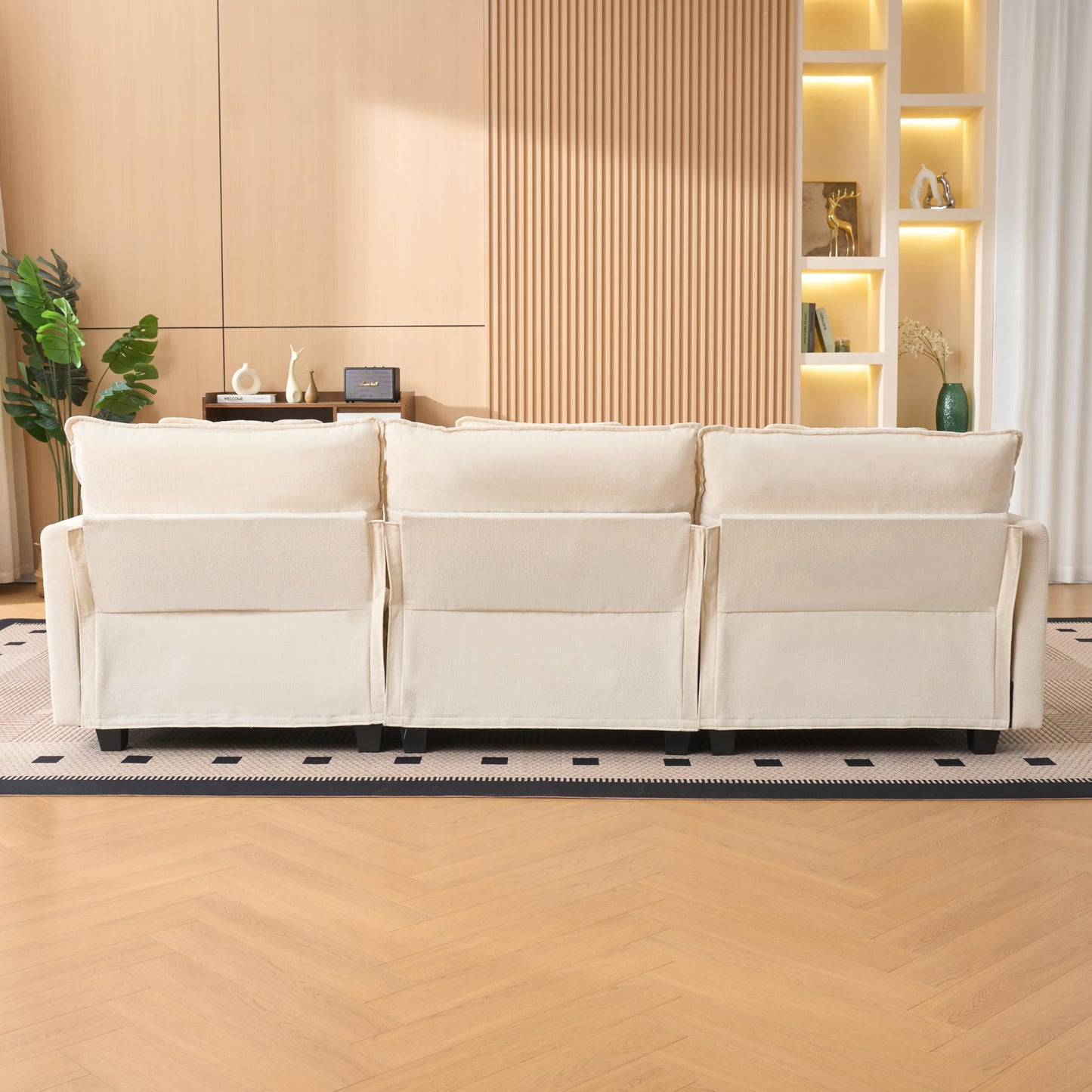 KEIKI 102" Modular Sectional Sofa with Storage Ottoman, L Shaped Convertible Couch with Movable Chaise Lounge, Linen Fabric Comfy 3 Seat Sleeper Sofa for Living Room Modern Apartment Bedroom, Beige