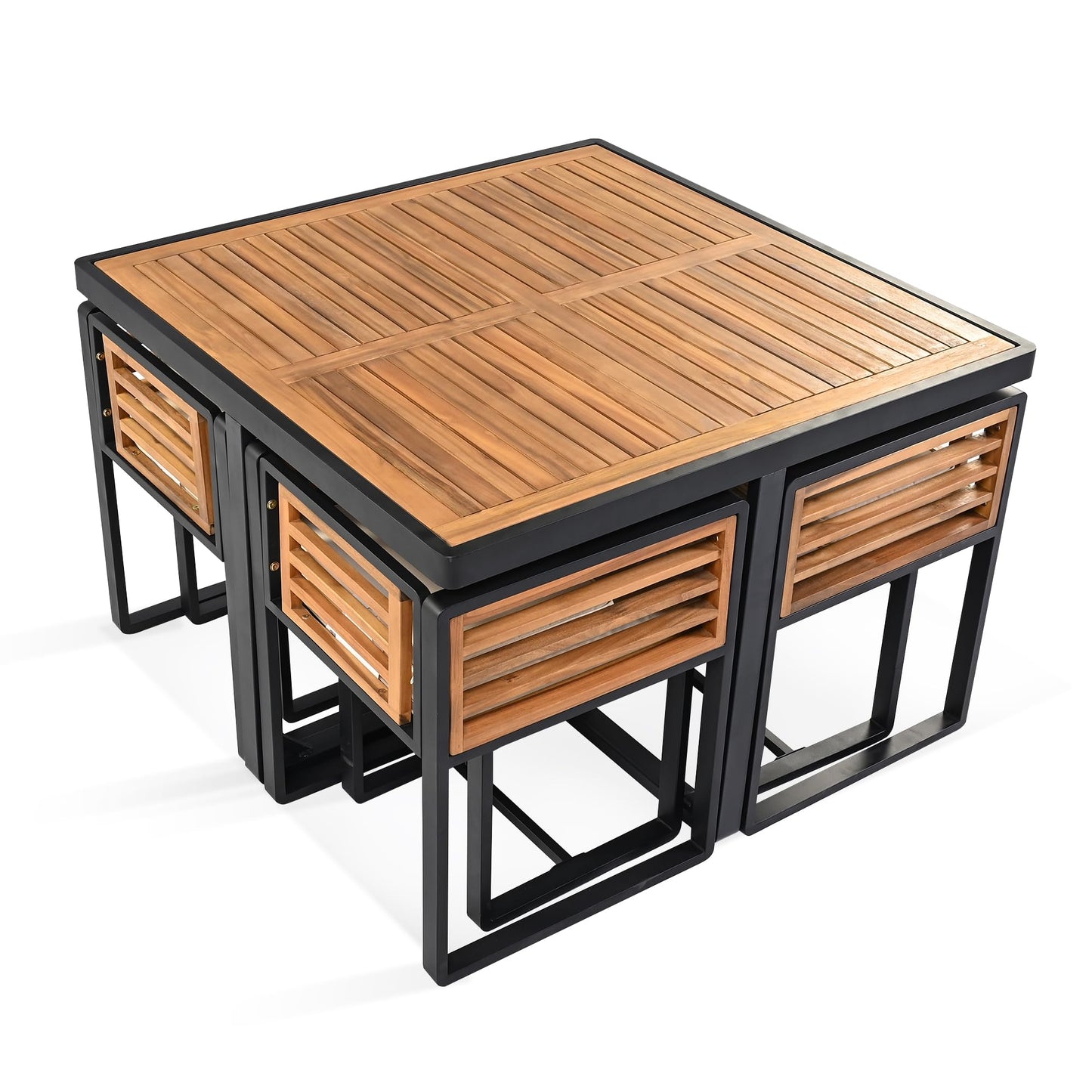 Merax 9-Piece Patio Dining Set for 8 People, Acacia Wood Outdoor Furniture Sets with 1 Square Table, 4 Cushioned Chairs and 4 Ottomans for Backyard, Garden, Lawn, Poolside, Space Saving Design, Beige