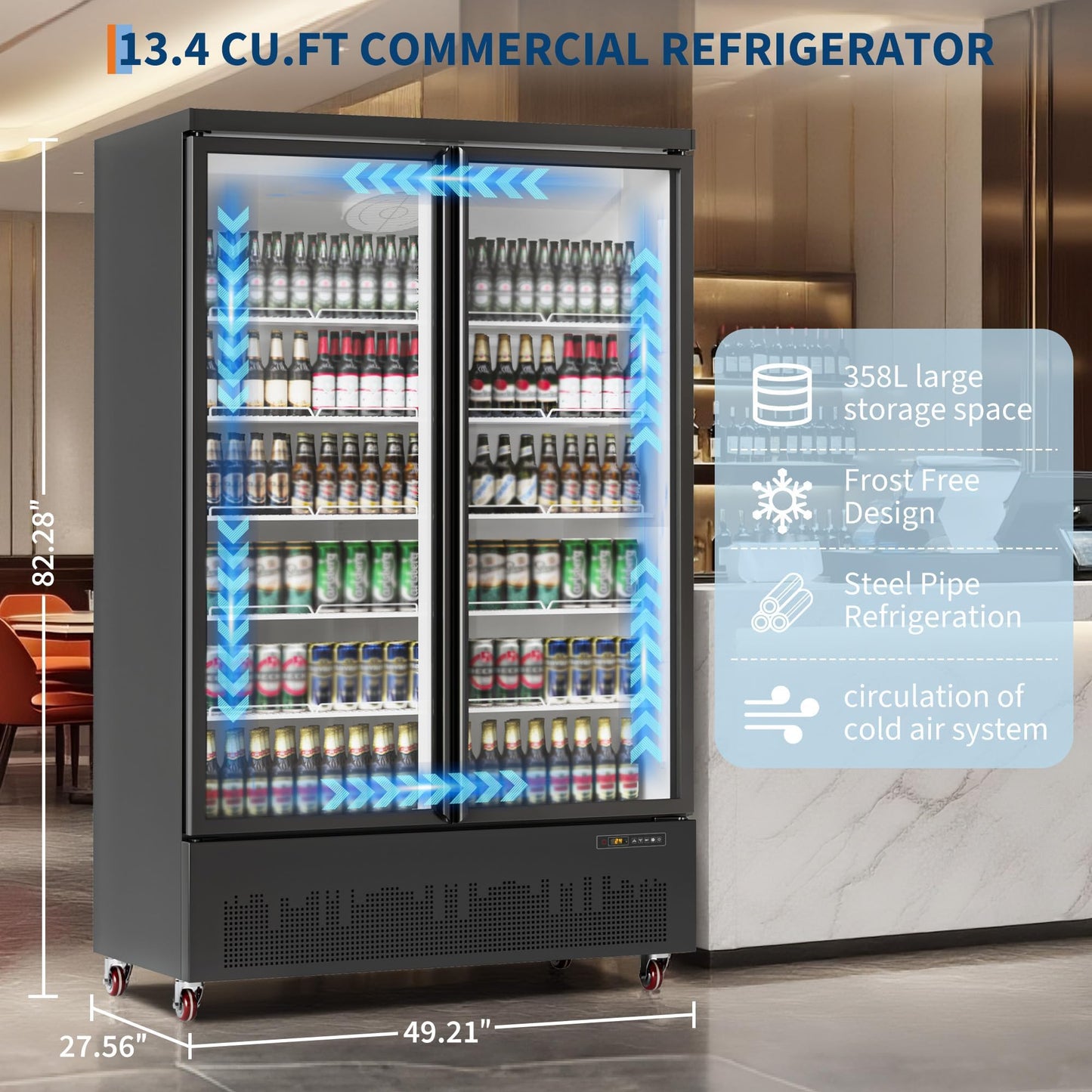 13.4 CF Commercial Refrigerator Display Refrigerator, Glass Door Upright Fridge, Cooler with Adjustable Shelves, Beverage Refrigerator for Shop, Restaurant, Store, Kitchen Appliances, Black