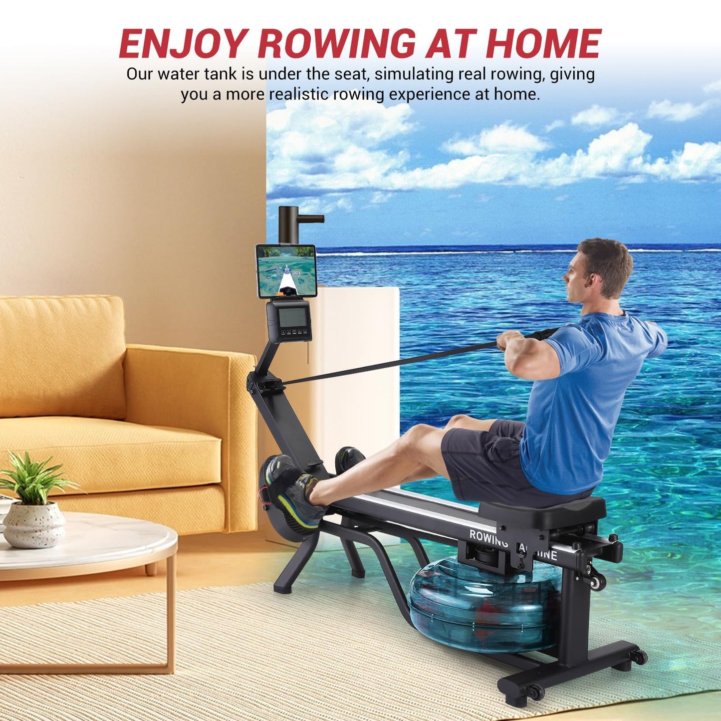 GarveeHome Water Rowing Machines for Home, 380 Lbs Capacity Rower Machine with Led Digital Monitor, Wide Ergonomic Seating and Tablet Holder, App Compatible