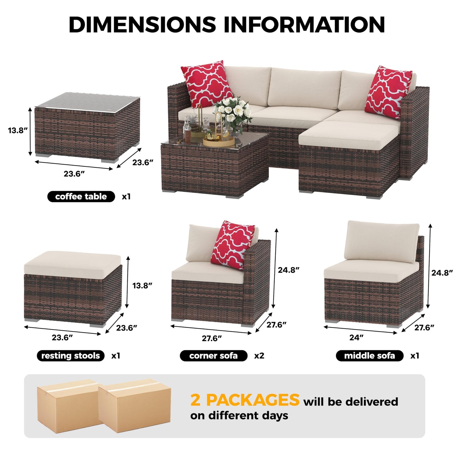 5 Piece Outdoor Patio Furniture Set, PE Rattan Patio Conversation Sets, All-Weather Wicker Outside Sofa Set with Thick Cushions, Bistro Sets w/ Coffee Table for Pool, Backyard, Lawn(Brown+Beige)