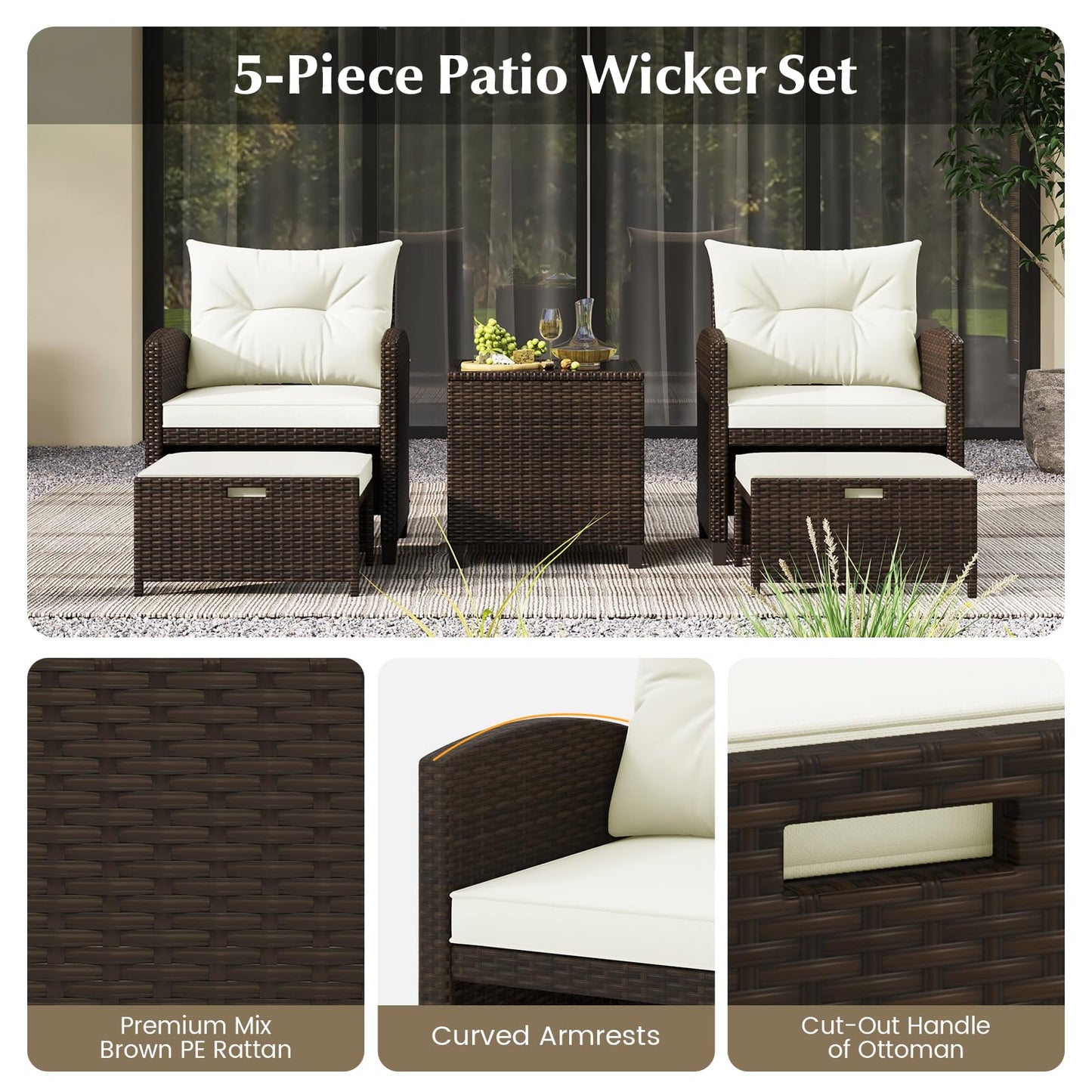 Tangkula 5 Pieces Patio Conversation Set, PE Wicker Outdoor Furniture Set with 2 Chairs, 2 Ottomans & Tempered Glass Coffee Table, Ideal for Poolside, Backyard, Lawn, Deck, Mix Brown & Off White
