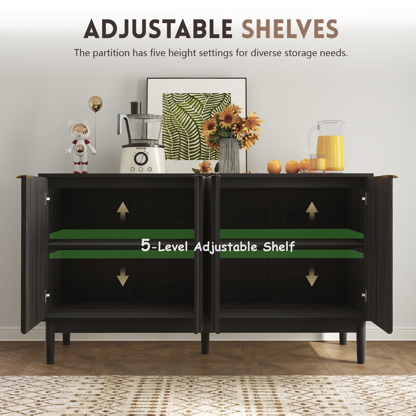 Otterease Fluted Cabinet with Storage, Small Buffet Cabinet Sideboard with Door, Kitchen Buffet Storage Accent Cabinets with Adjustable Shelves for Living Room, Entry, Hallway,Black
