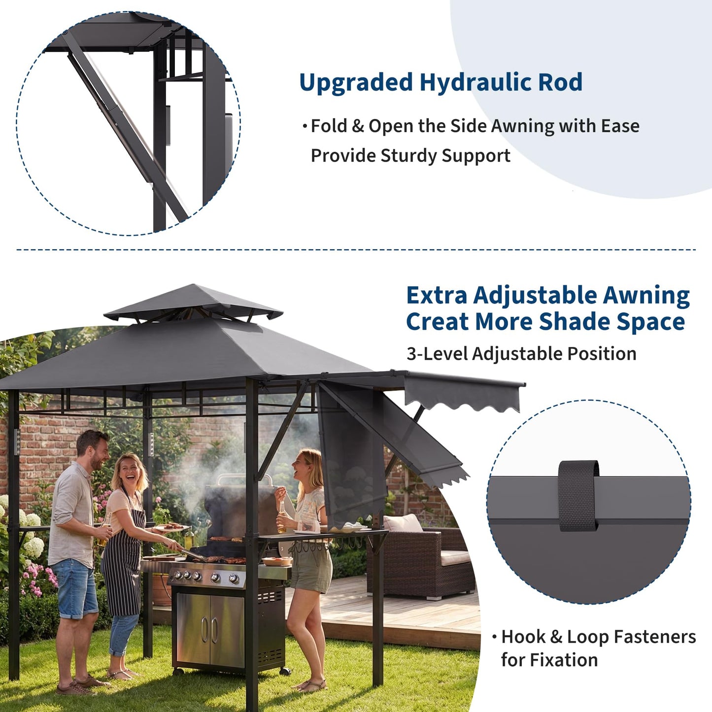 8x5 ft Grill Gazebo, Double Tired Outdoor Patio Canopy Tent with Side Awning Shelves, 4 LED Lights,10 Hooks & Bottle Opener,Heavy Duty Steel Frame Grilling Canopy for Patio Backyard Garden Picnic,Grey