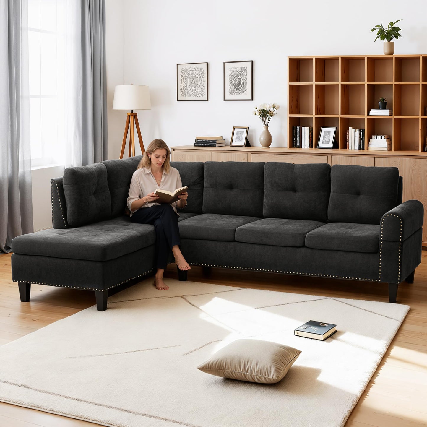 Trygoal Modular Sectional Sofa with Cup Holders, L Shaped Sectional Couch with Chaise and Adjustable Backrest, Modern Linen Fabric Couch for Living Room, Apartment, Small Space, Dark Gray