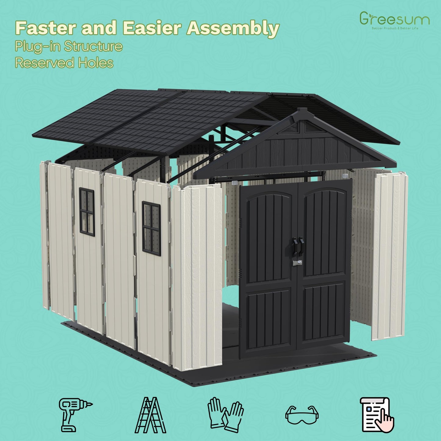 Greesum 8×10 FT Plastic Outdoor Storage Shed with Floor, Resin Sheds with Window and Lockable Door, Weather Resistant Organization, Easy Assemble for Garden, Lawn, Pool Supplies, Beige