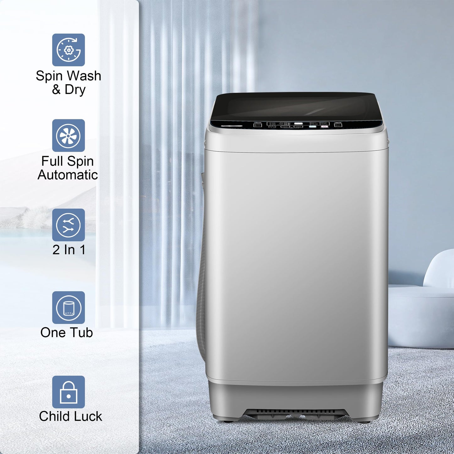 20lbs Portable Washing Machine, Fully Automatic Laundry Washer with LED Display, 10 Programs & 8 Water Levels, Top Load Clothes Washer for Apartment, Dorm, Grey