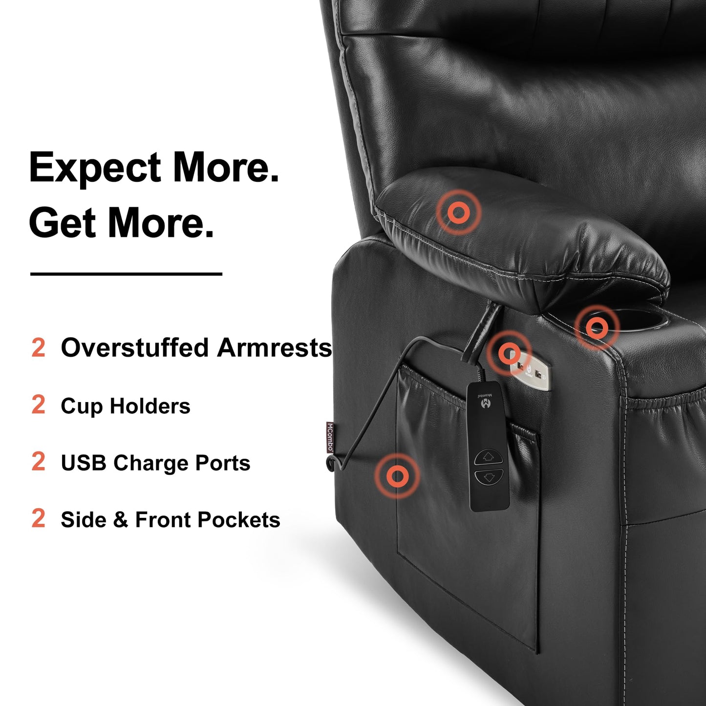 MCombo Oversized Swivel Glider Rocker Power Recliner Chair for Living Room with Heat and Vibration Massage, USB Ports, Cup Holders and Pockets, Faux Leather 7785 (Black)