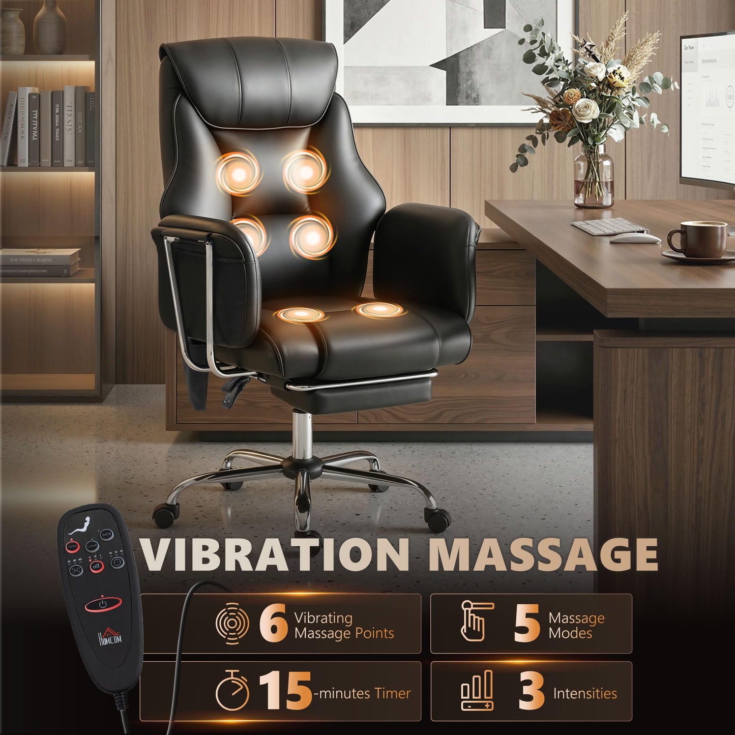 HOMCOM Massage Office Chair with 6-Point Vibration, 155° Recline & Retractable Footrest, PU Leather Executive Computer Desk Chair with Lumbar Support, Pocket Springs, Wheels for Home Office, Black
