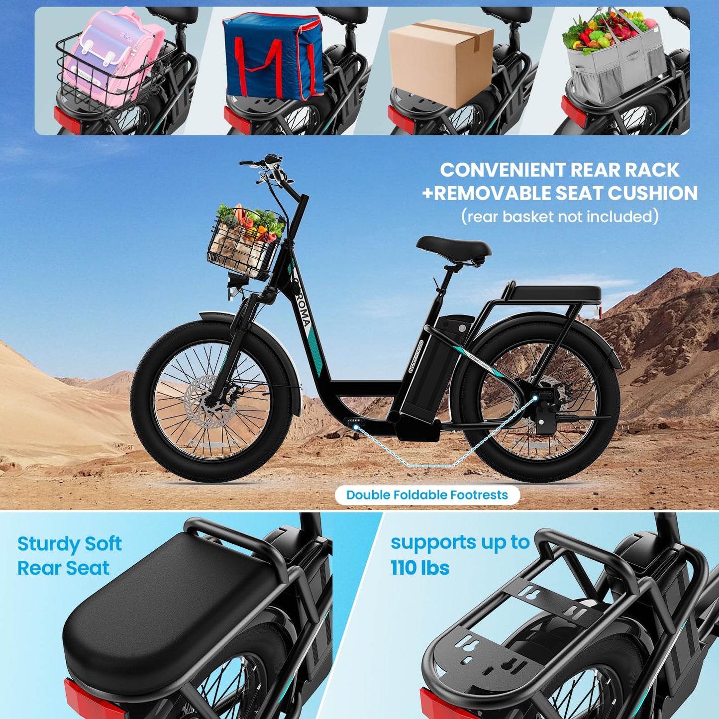 Caroma Peak 500W Electric Scooter with Seat, 20" X 3" Off-Road Tires, 36V Battery, 15Miles Range, 20MPH Top Speed, Adjustable Electric Scooter for Adults with Basket(Black)