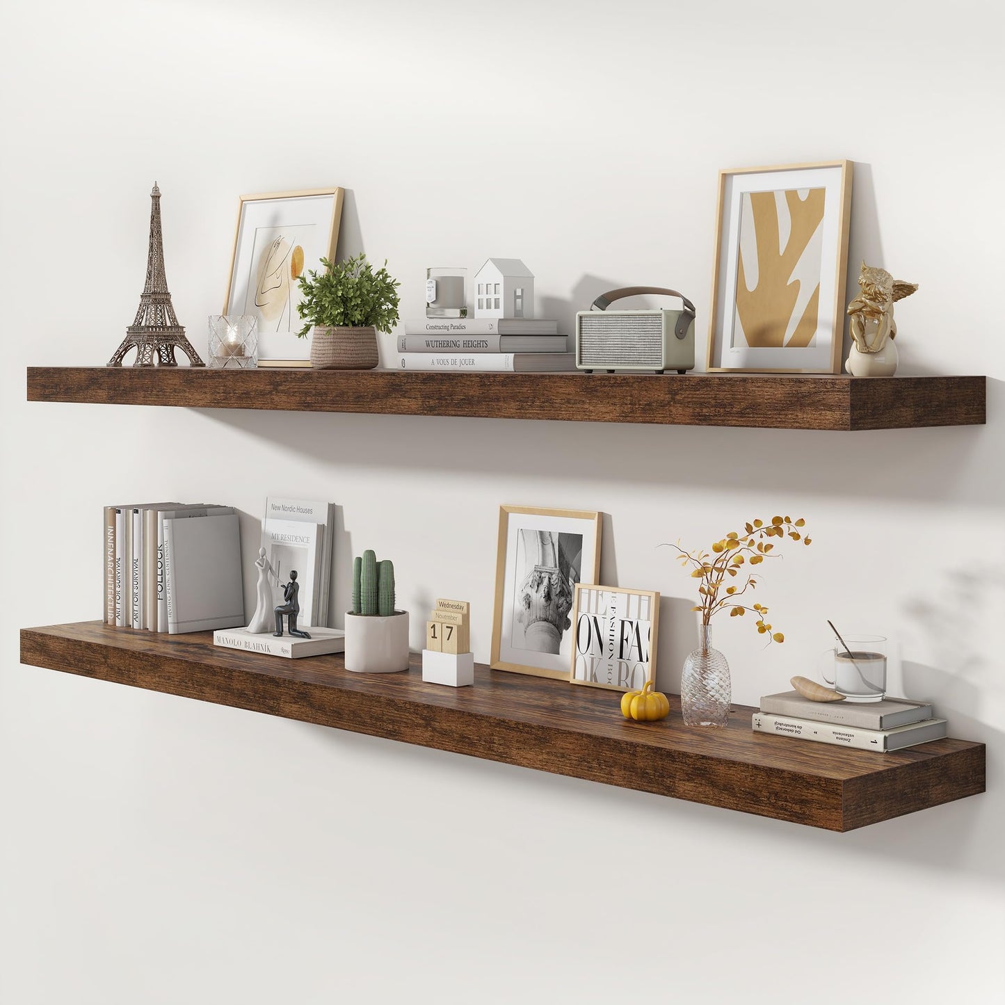 FLYJOE 72 Inch Floating Shelves | 12 Inch Deep Floating Shelves Set of 2 | 72" W x 12" D Rustic Brown Wood Wall Shelves for Bathroom Living Room Kitchen Laundry Room