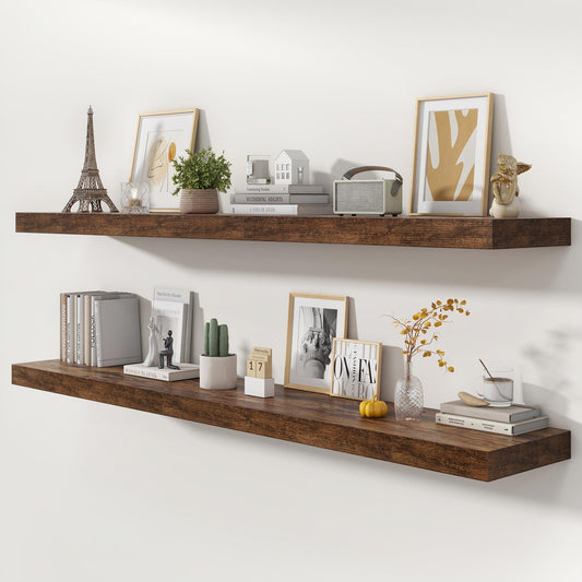 FLYJOE 72 Inch Floating Shelves | 12 Inch Deep Floating Shelves Set of 2 | 72" W x 12" D Rustic Brown Wood Wall Shelves for Bathroom Living Room Kitchen Laundry Room