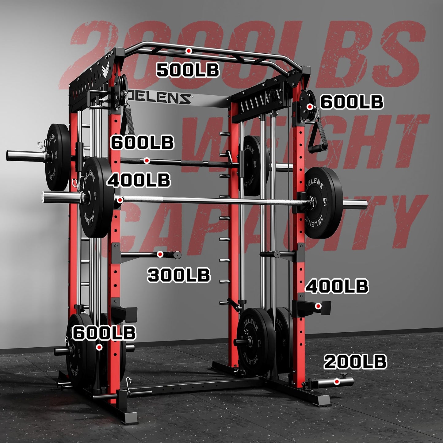 JELENS M21 Smith Machine, Multi-Function Power Cage with Dual Pulley Cable Crossover System, 2000LBS All-in-One Squat Rack with Smith Bar and Attachments (Red, M21 Smith Machine)