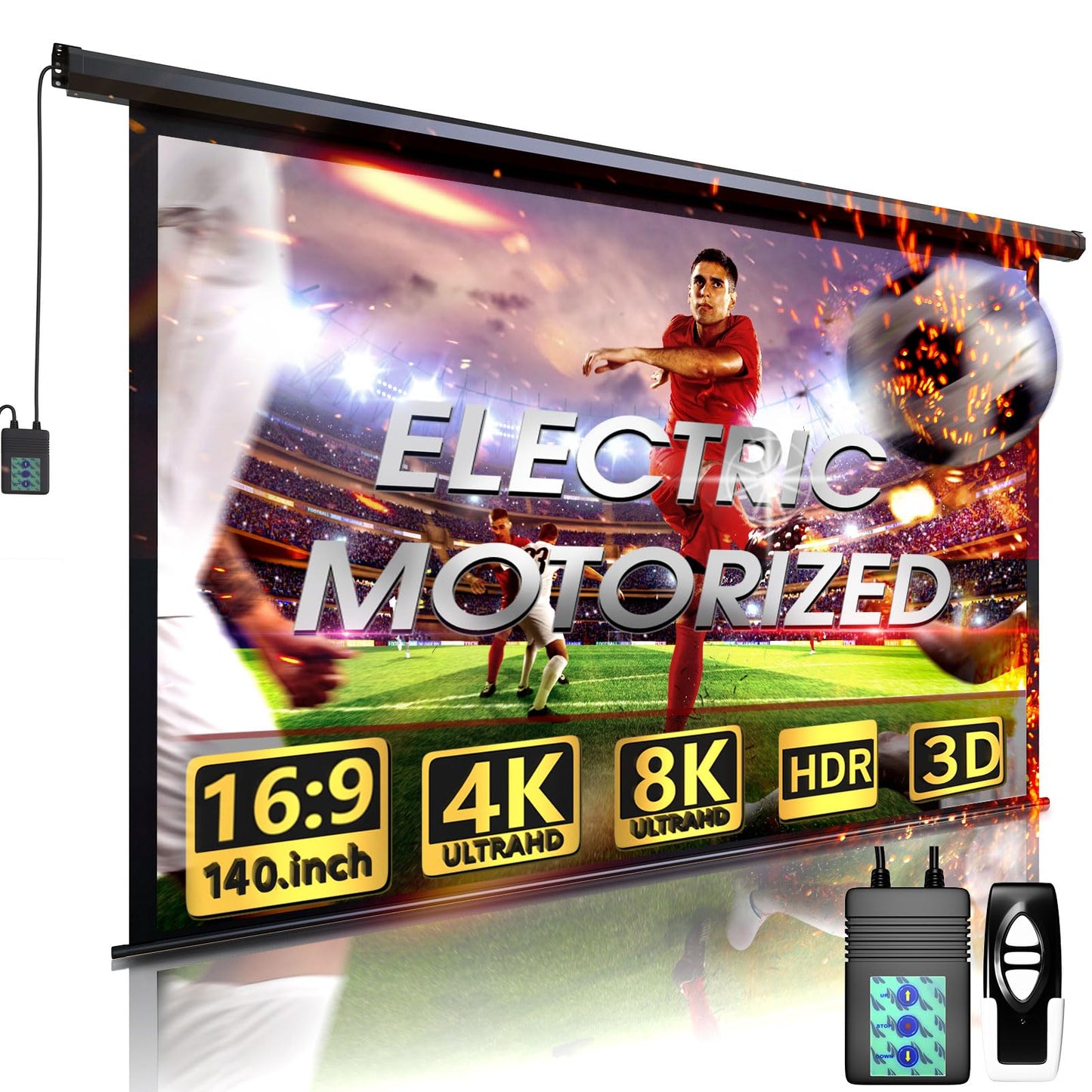 Aoxun 140 Inch Pull Down Projector Screen, HD 4K 16:9 Motorized Retractable Projector Screen for Indoor and Outdoor with Remote Control, Manual Projection Screen for Home Theater or Office, Black