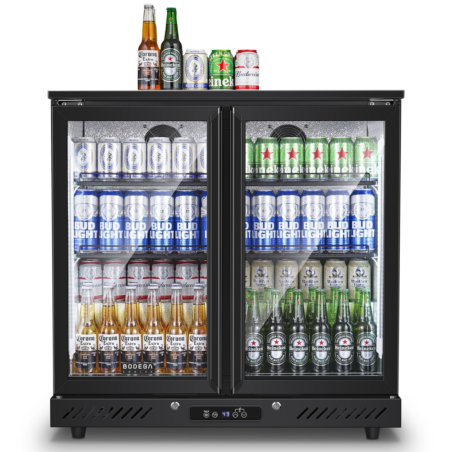 BODEGACOOLER 2 Door Back Bar Cooler, 7.4 Cu.Ft Commercial Beverage Refrigerator, Under Counter Drink Fridge with Glass Doors, Holds 209 Cans/117 Bottles, LED Lighting, Stainless Steel Top & Casters