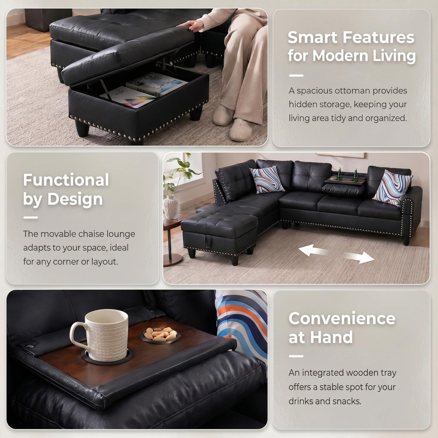 Trygoal 97.5" L-Shaped Modular Sectional Sofa with Movable Chaise & Storage Ottoman, 3 Piece Convertible Leather Couch, 4 Seat Gloss Black Living Room Furniture Set for Apartment Home Office