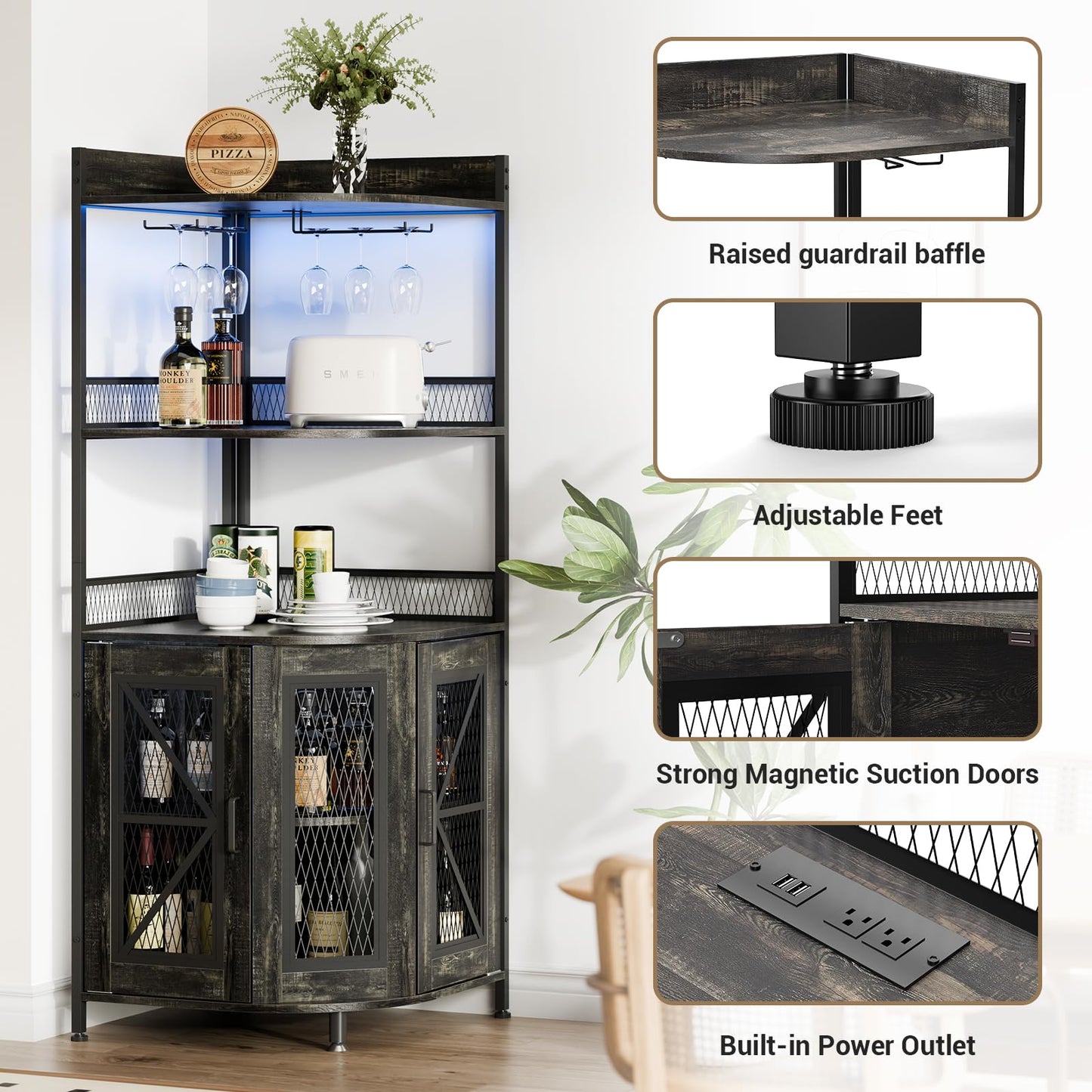 JoanKaren Corner Bar Cabinet with Power Outlet and LED Light, Coffee Bar Cabinet for Home Bar, Industrial Corner Shelf with Wine Storage, 5-Tiers Liquor Cabinet for Home, Living Room, Kitchen (Black)