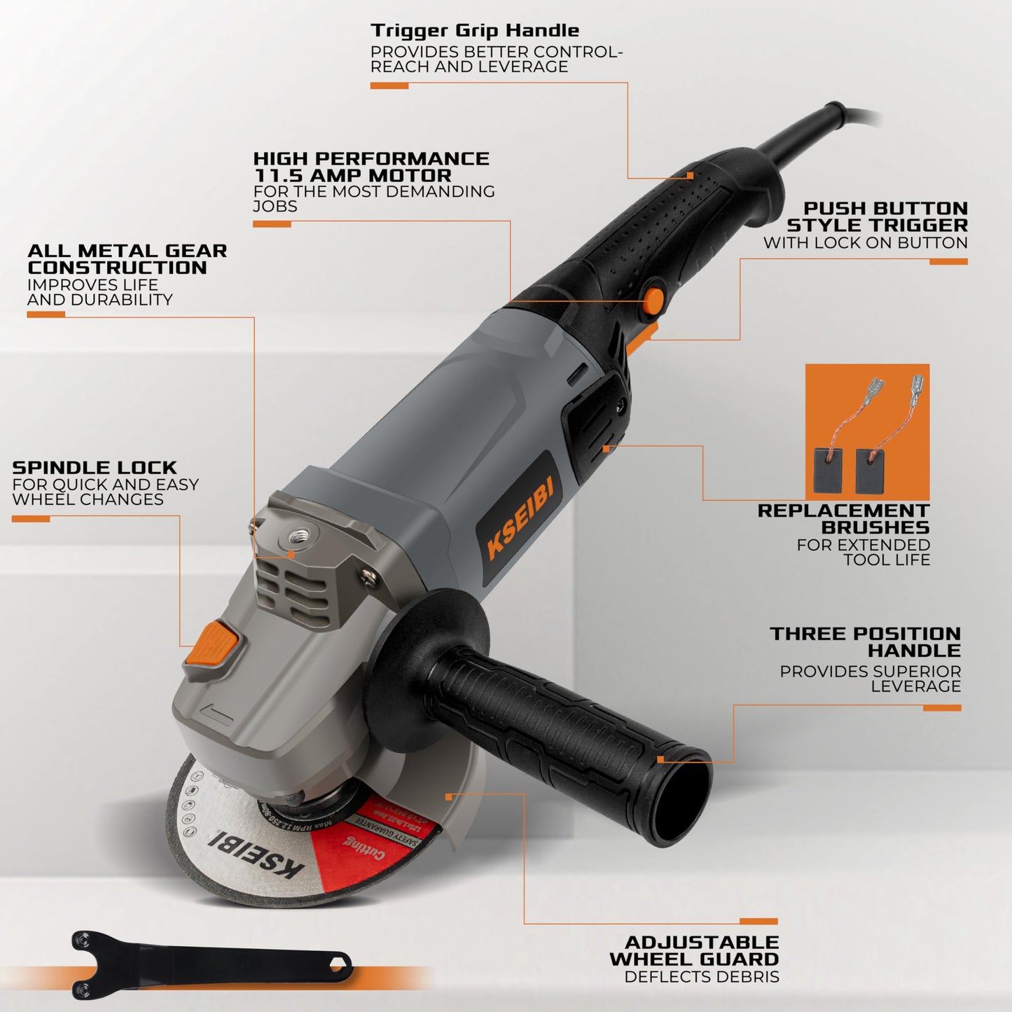 KSEIBI 5-Inch Concrete Angle Grinder, 11.5A 1400W Corded Surface Grinder Kit with Dust Shroud & Diamond Cup Wheel, 8500 RPM Pure-Copper Motor for Cutting Grinding Metal Concrete Brick Tile