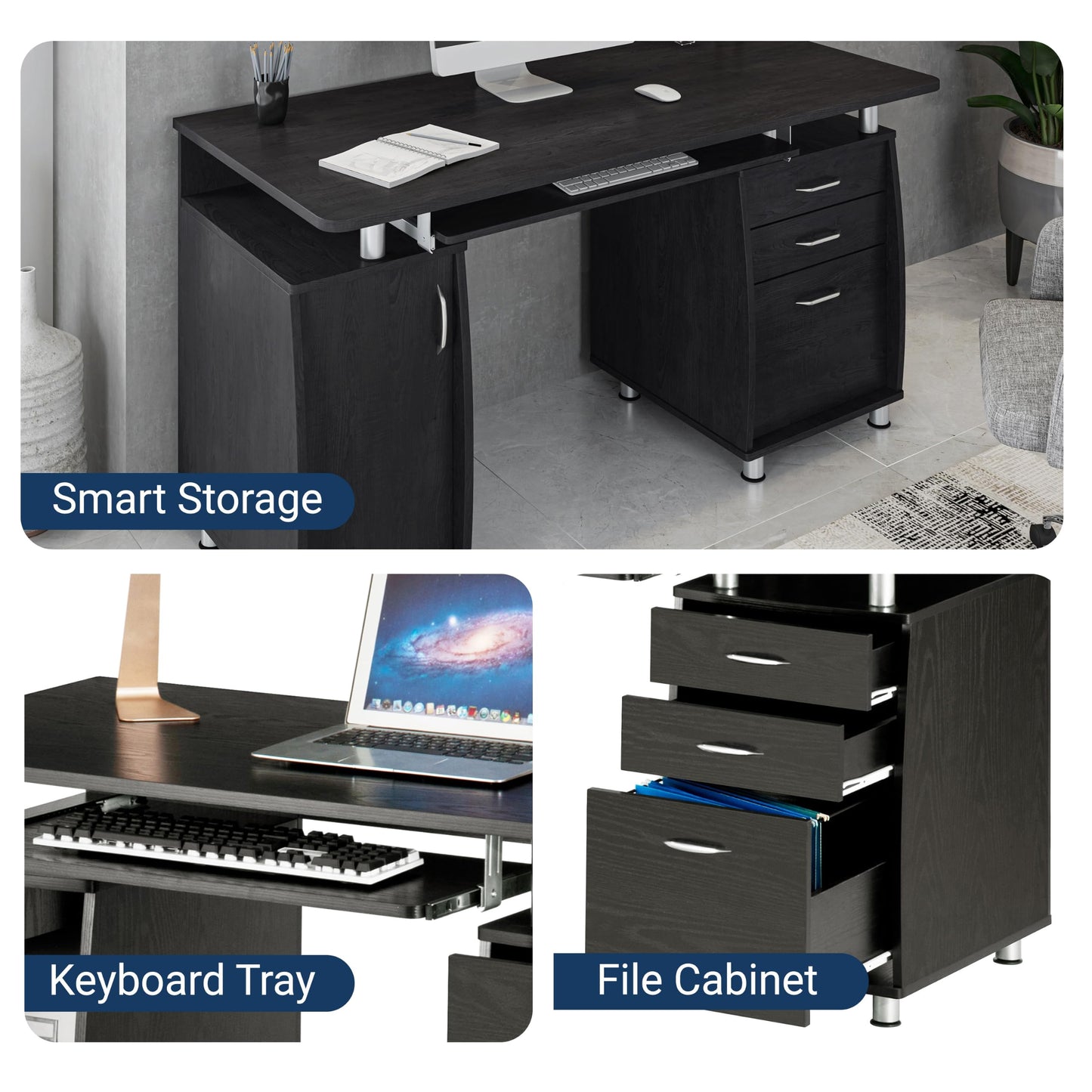Techni Mobili 48''W Computer Desk with File Cabinet & Drawers, Espresso