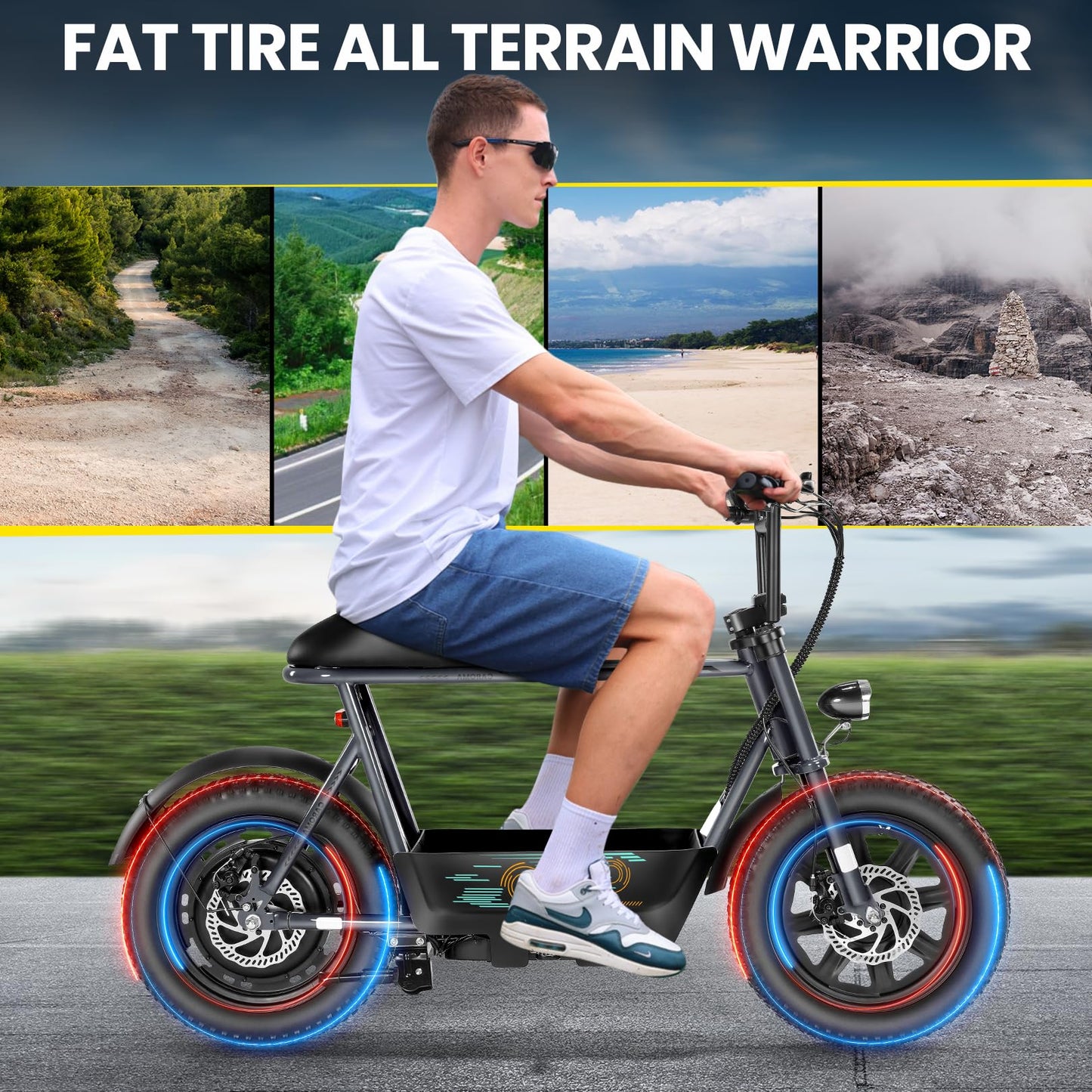 Caroma Peak 560W Electric Scooters with Seat, 16" Fat Tire for All-Terrain, 15Miles Max Range, 20mph Top Speed, Motorcycle Style with Carry Basket,Commuter Ebike for Adults&Teens, Gray
