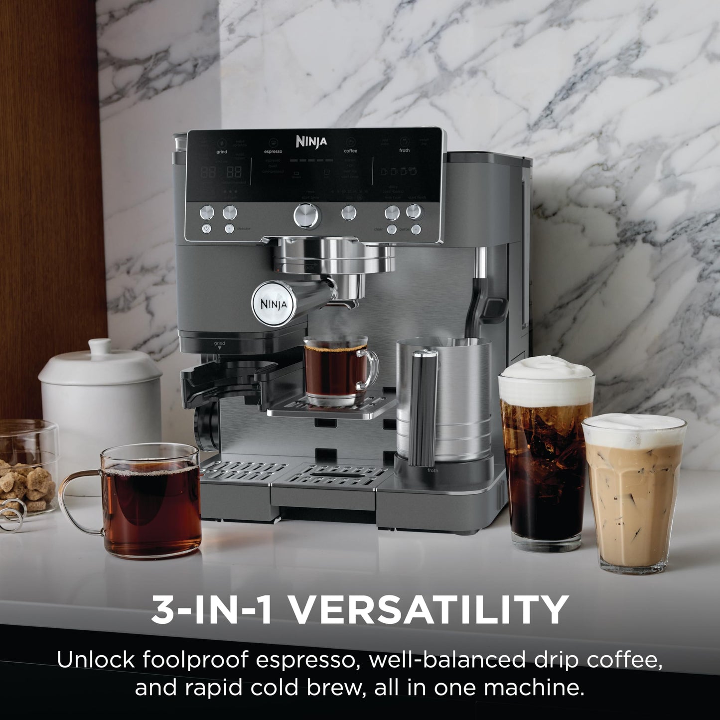 Ninja Luxe Café Premier 3-in-1 Espresso Machine, Drip Coffee, & Rapid Cold Brew | Built-in Coffee Grinder, Hands-Free Milk Frother, Assisted Tamper for Cappuccinos & Lattes | Gunmetal | ES601GM