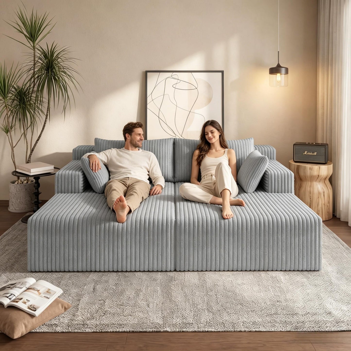 KEIKI 71" L Oversized Double Lounge Chaise Indoor, Corduroy Deep Seat Sectional Modular Couch Sleeper Loveseat Chair, Boneless Upholstered Reading Lazy Cloud Plush Sofa Bed for Living Room, Bedroom
