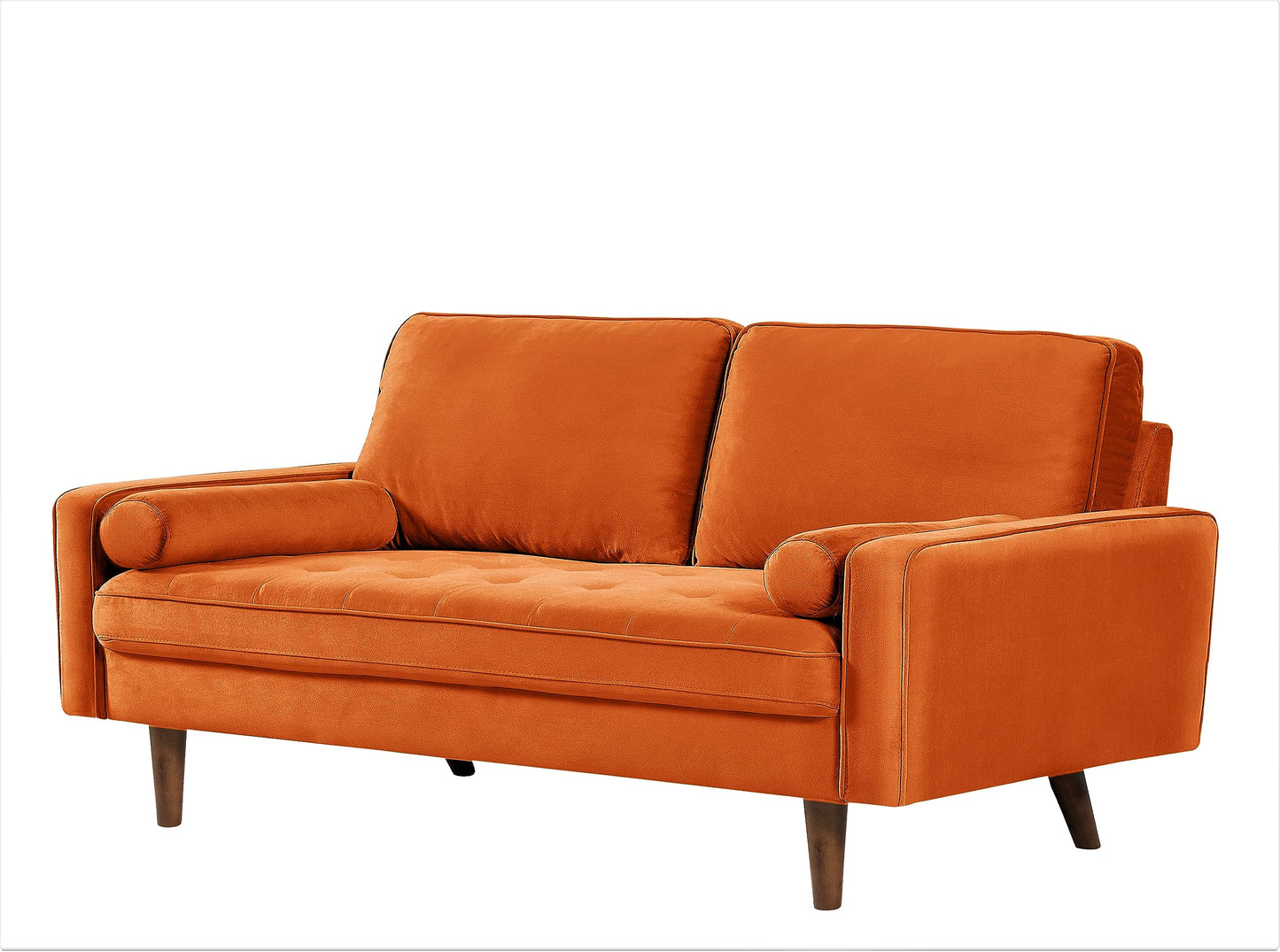 Container Furniture Direct Velvet Tufted Sofas for Living Room, Classic Mid-Century Style with Modern Silhouette, Button Tufting and Wood Legs, Includes 2 Bolster Pillows, Loveseat, Orange