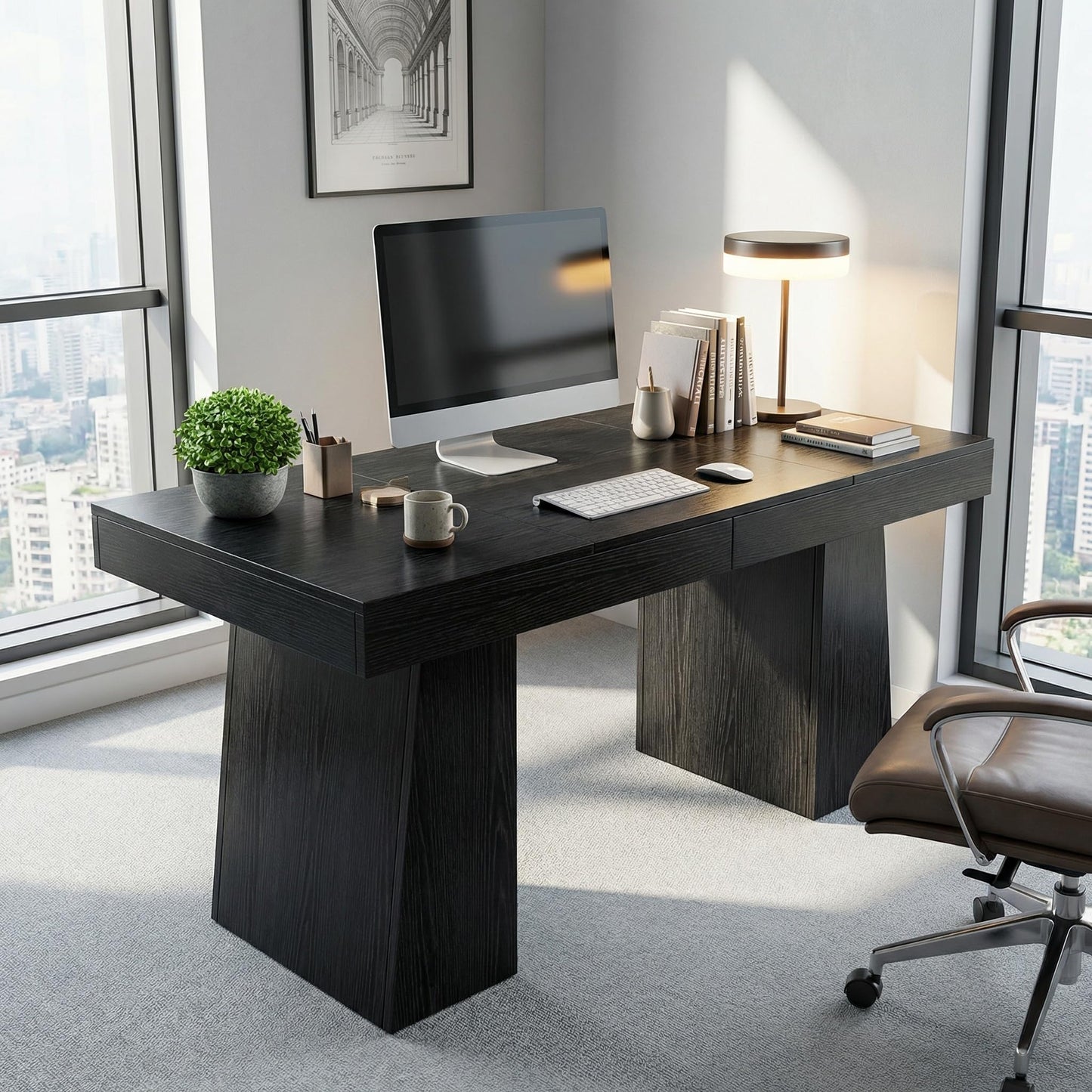 MegaChoice 55" Executive Desk, Large Office Computer Desk with Double Pedestal, Modern Simple Workstations Writing Table Conference Table Business Furniture for Home Office, Black