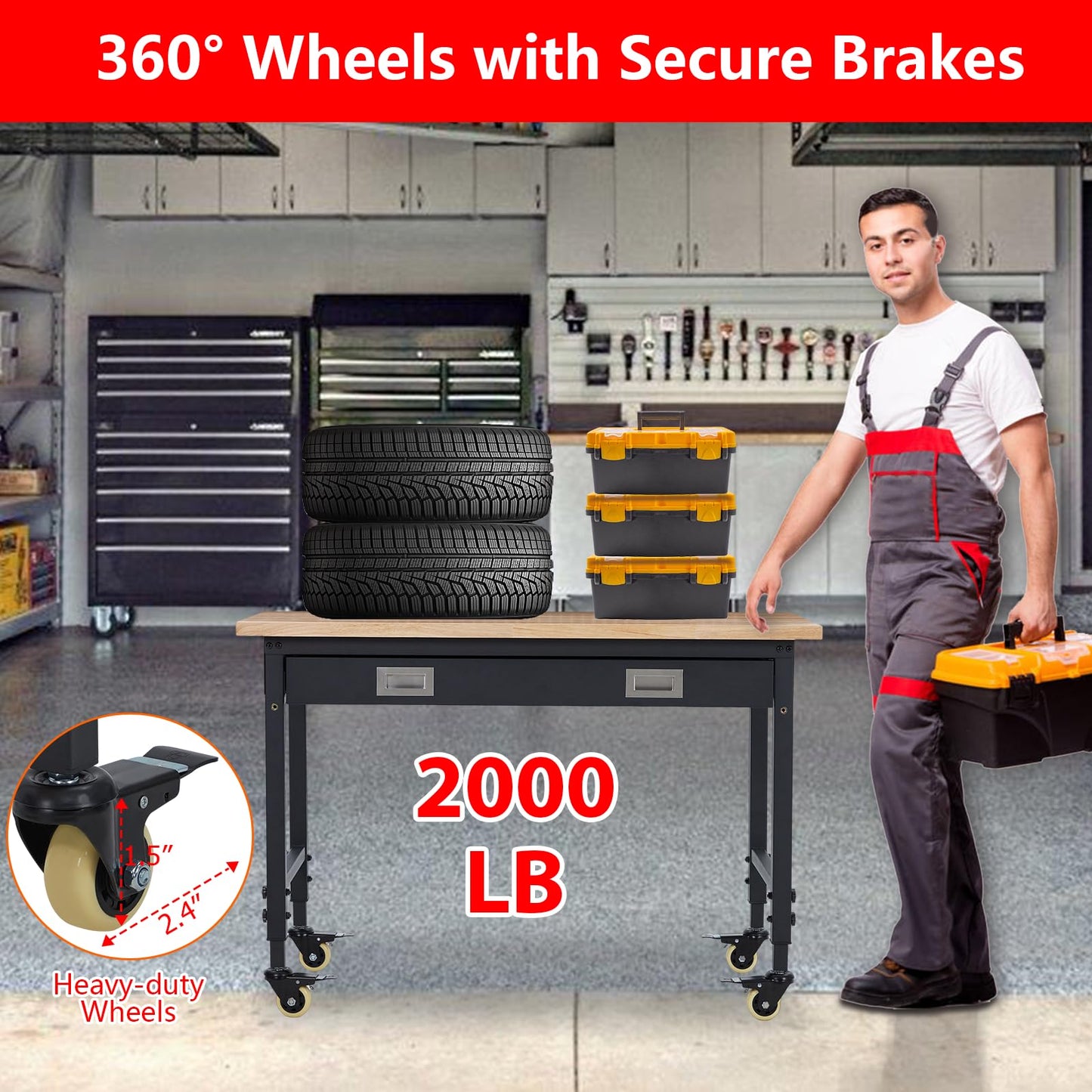 60''x22'' Adjustable Rolling Workbench, Heavy Duty Work Bench with Power Outlets, Lights, Storage Drawer, Pedboard, 30 Hooks, Wooden Tool Bench for Garage, Workshop
