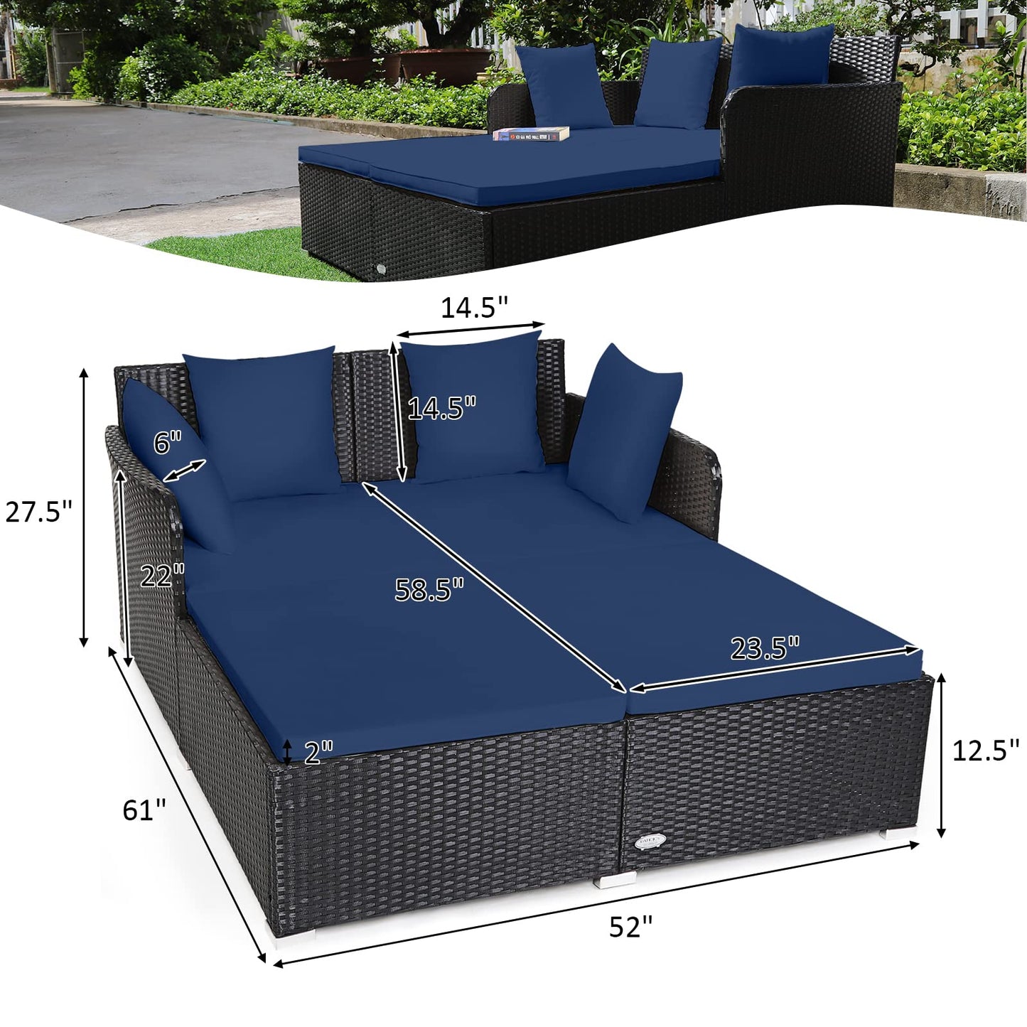 Tangkula Outdoor Rattan Daybed, Sunbed Wicker Furniture w/Spacious Seat, Upholstered Cushion & High-Resilience Sponge, Wicker Patio Sofa Set w/Extra Pillows for Courtyard Poolside (Navy)