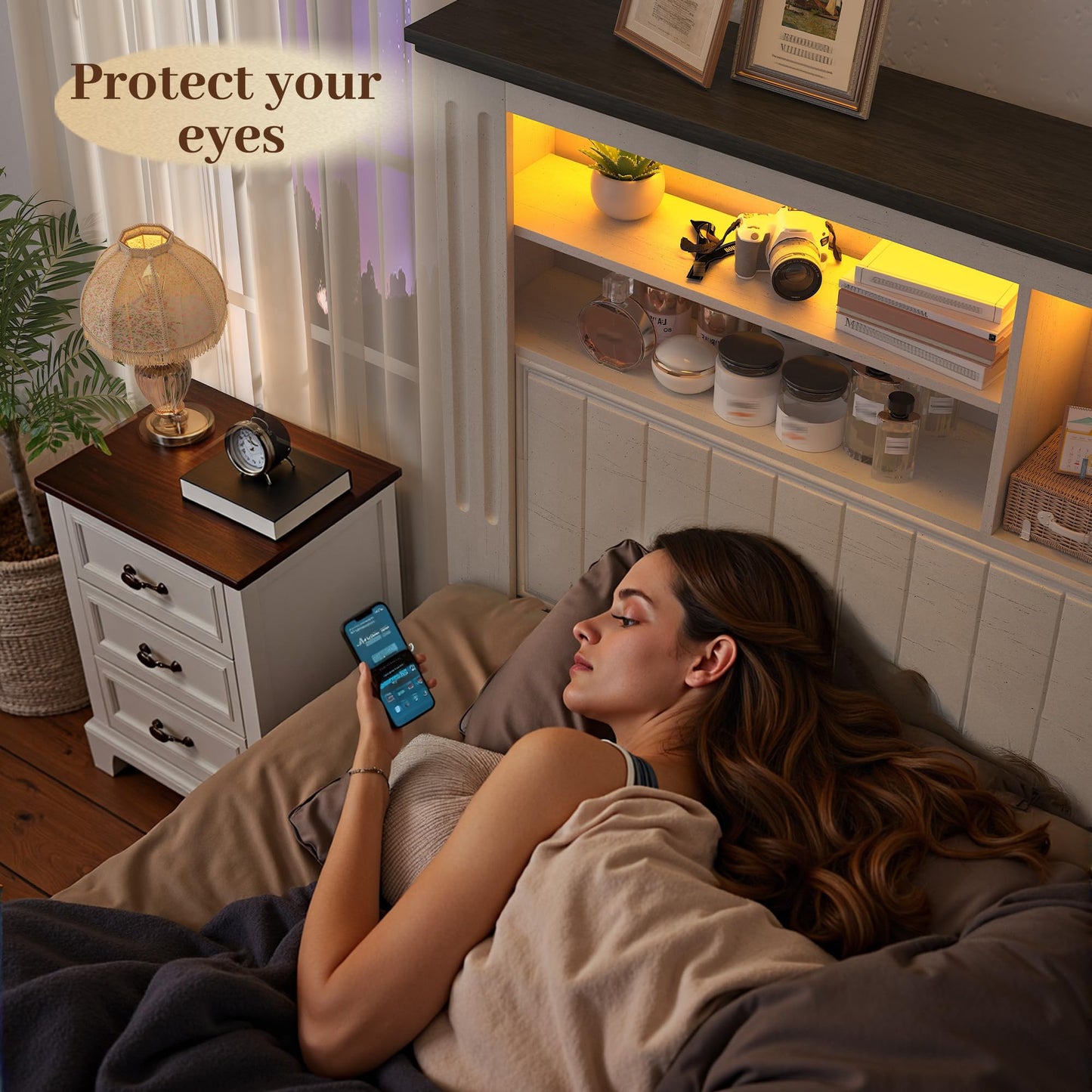 EnHomee Queen Bed Frame with Headboard, and 4 Storage Drawers, LED Lights & Charging Ports,No Box Spring Needed for Apartment,Noise-Free,Wooden, White