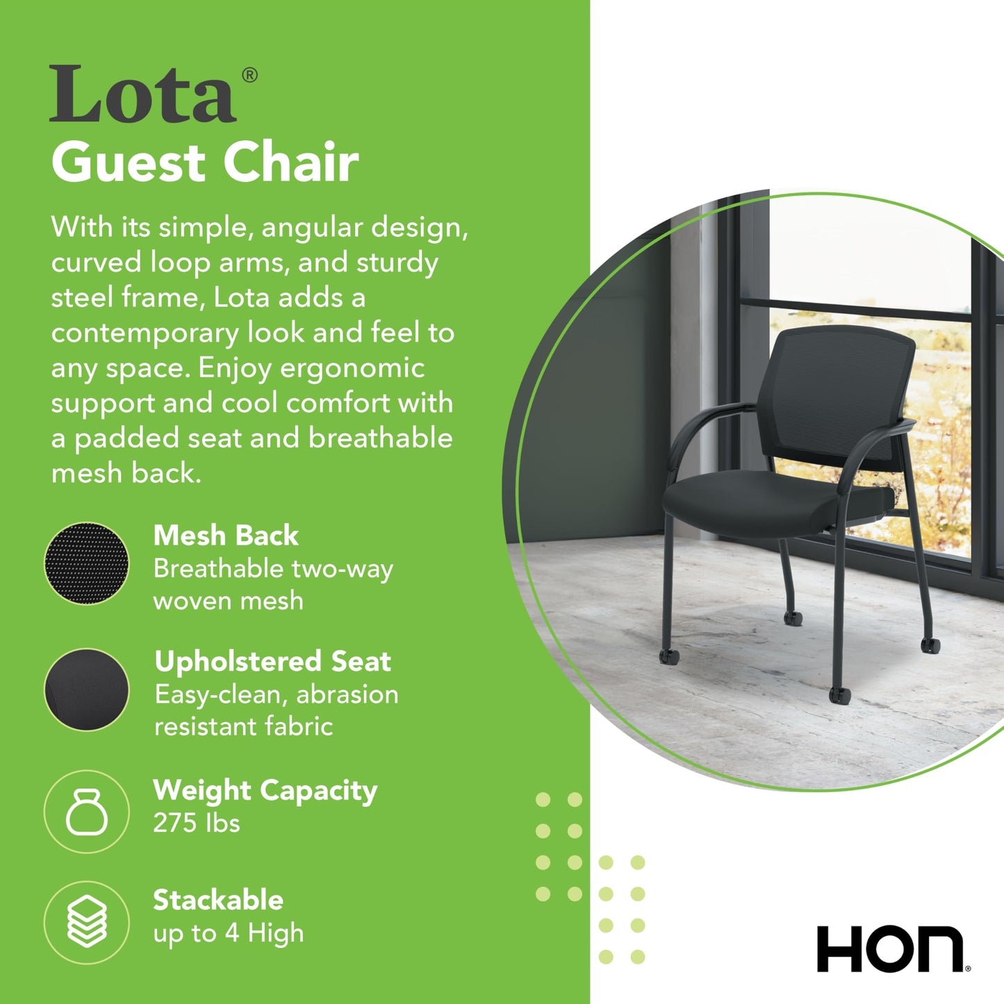 HON Lota Mesh Office Chair with Arms and Casters, Guest and Conference Desk Chair for Reception Areas, Waiting Rooms, and Offices, Fabric Seat, Stackable Design, Black