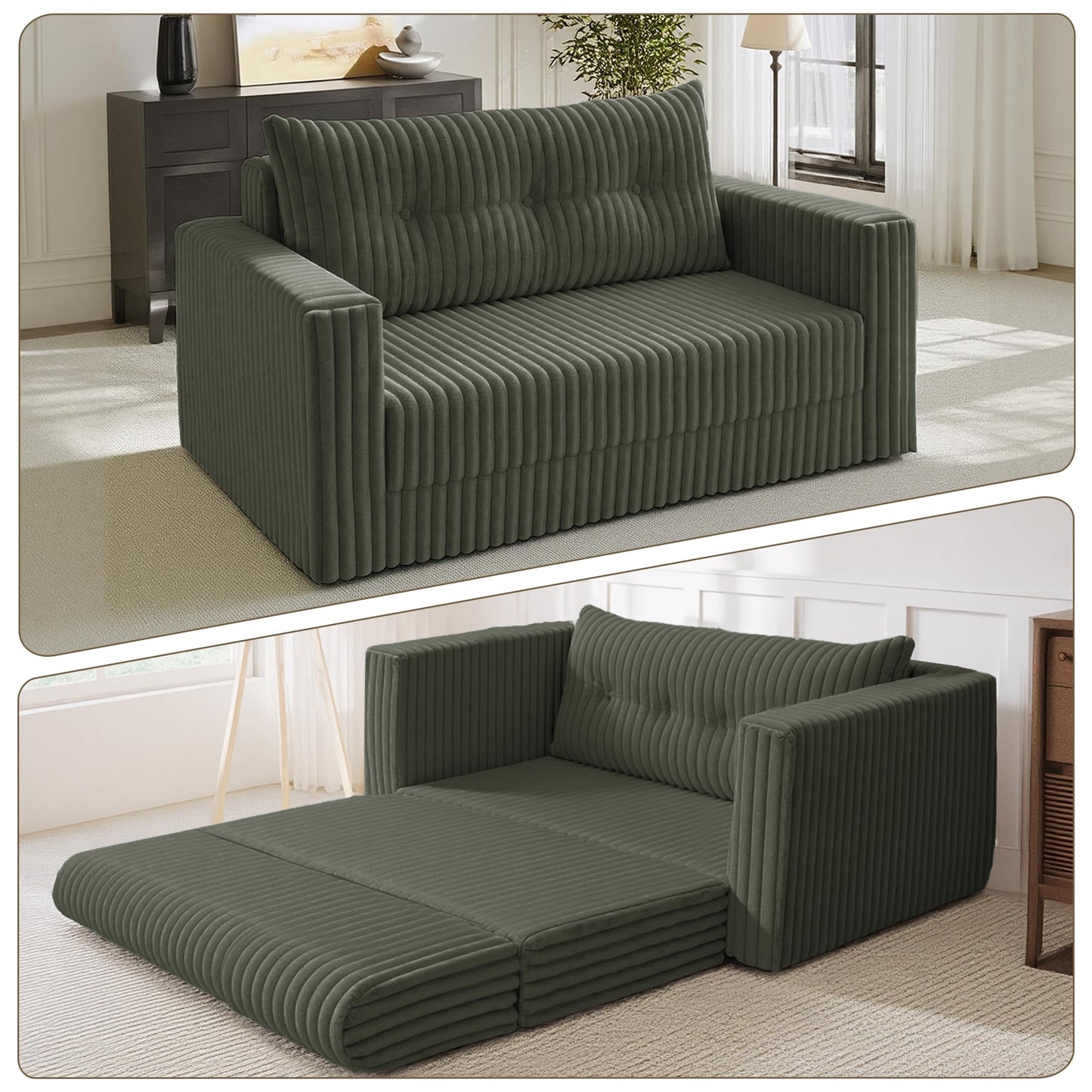 HABUTWAY 41.3" Loveseat Boneless Couch, 4-in-1 Convertible Sofa Bed, Plush Fur Folding Futon Sofa Bed Couches with a Pillow for Living Room, High-Density Foam Support, No Assembly Required, Green