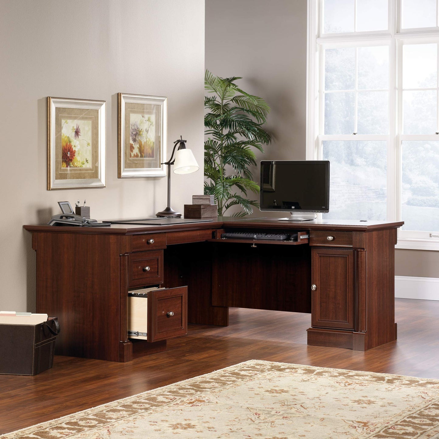 Sauder Palladia L Shaped Desk with Drawers, Office Desk with File Cabinet Storage, Cable Management, Keyboard Tray, in Select Cherry finish