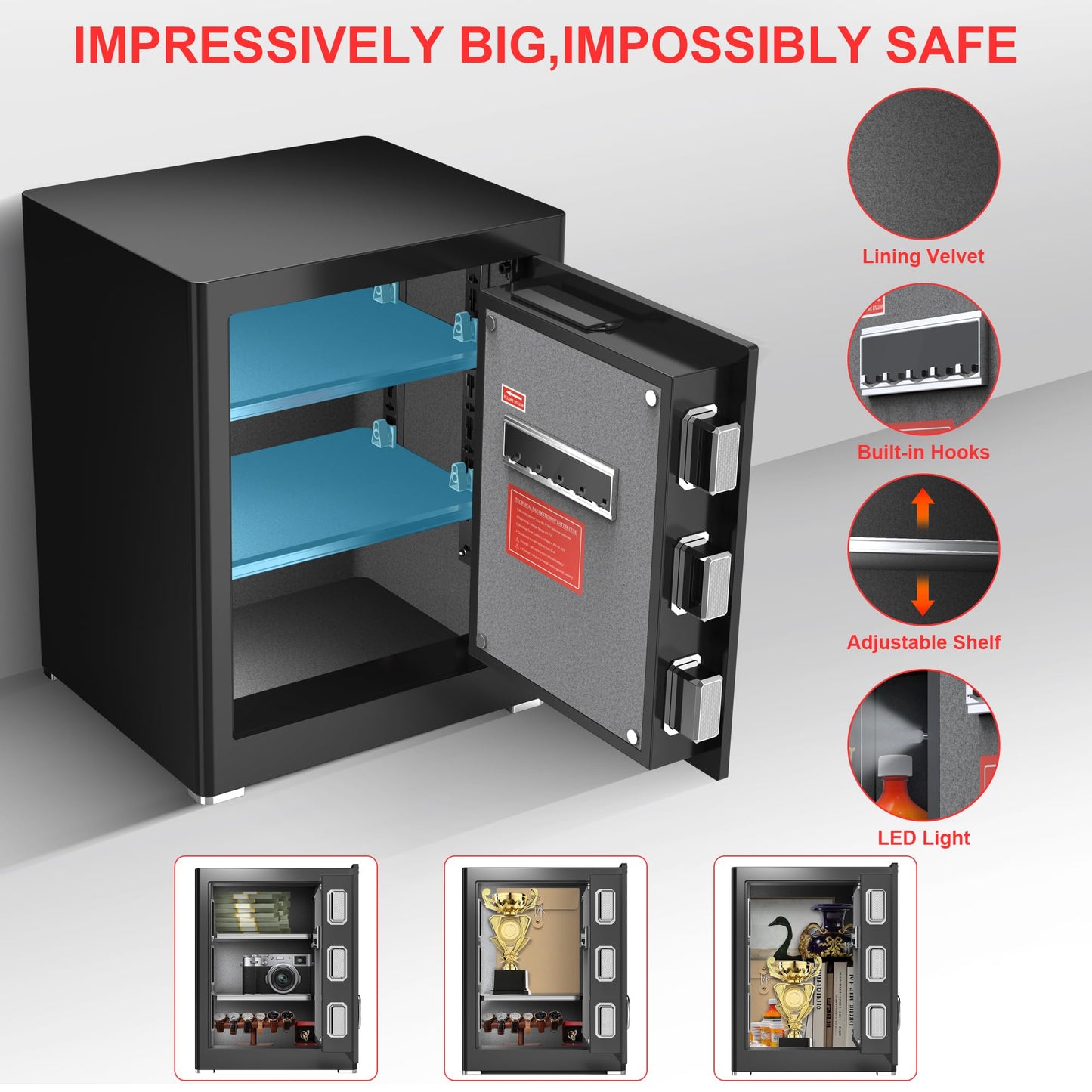 Safe Box, Money Safe with Fireproof Waterproof Bag, Medium Size Safes with Digital Keypad, Dual Alarm System, Removable Shelf for Valuables & Cash (Upgrade 2.0 CUFT Biometric
