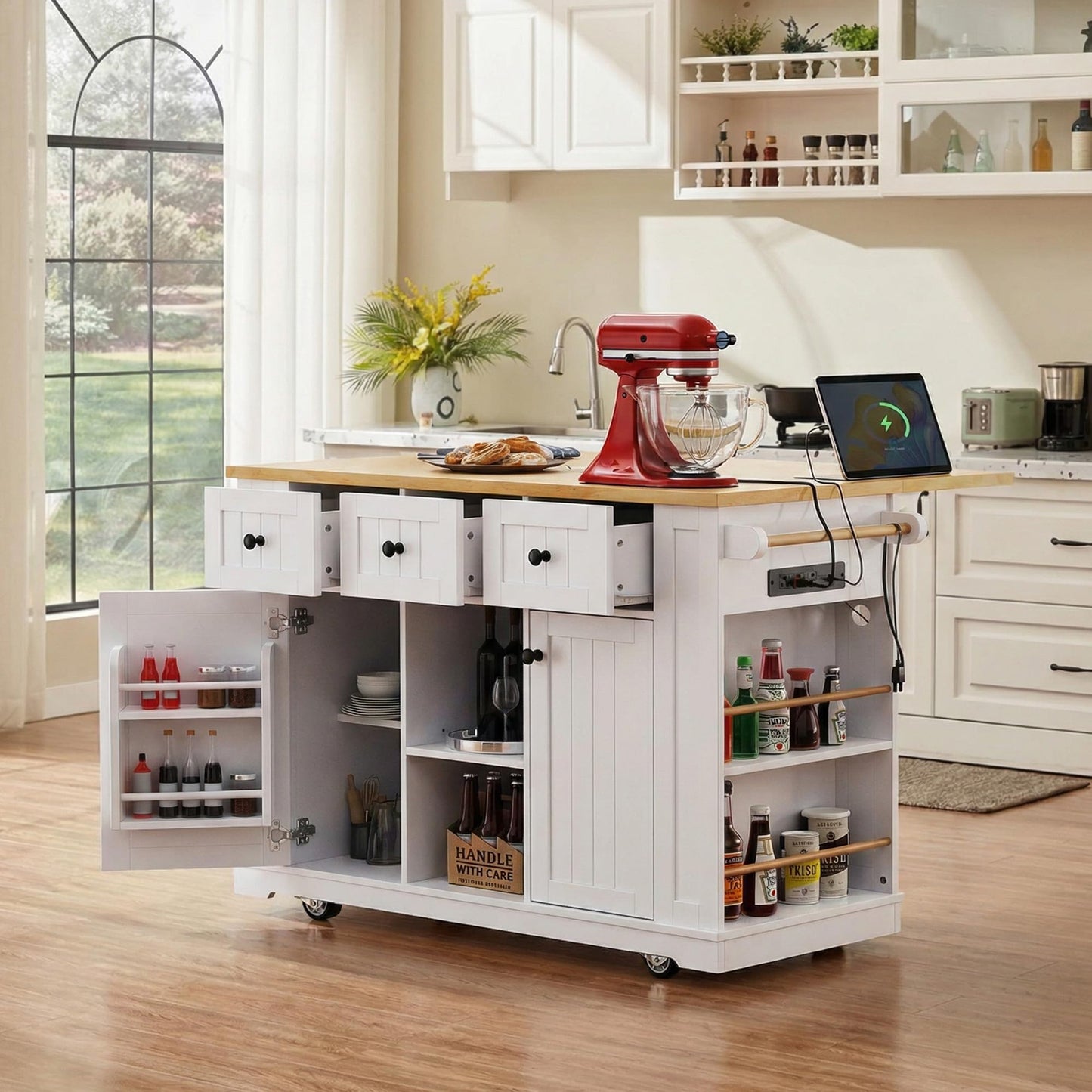 Merax 53" Large Kitchen Cart Storage Island on 5 Wheels with Drop Leaf,Drawers,Power Outlet,Internal Rack for Kitchen