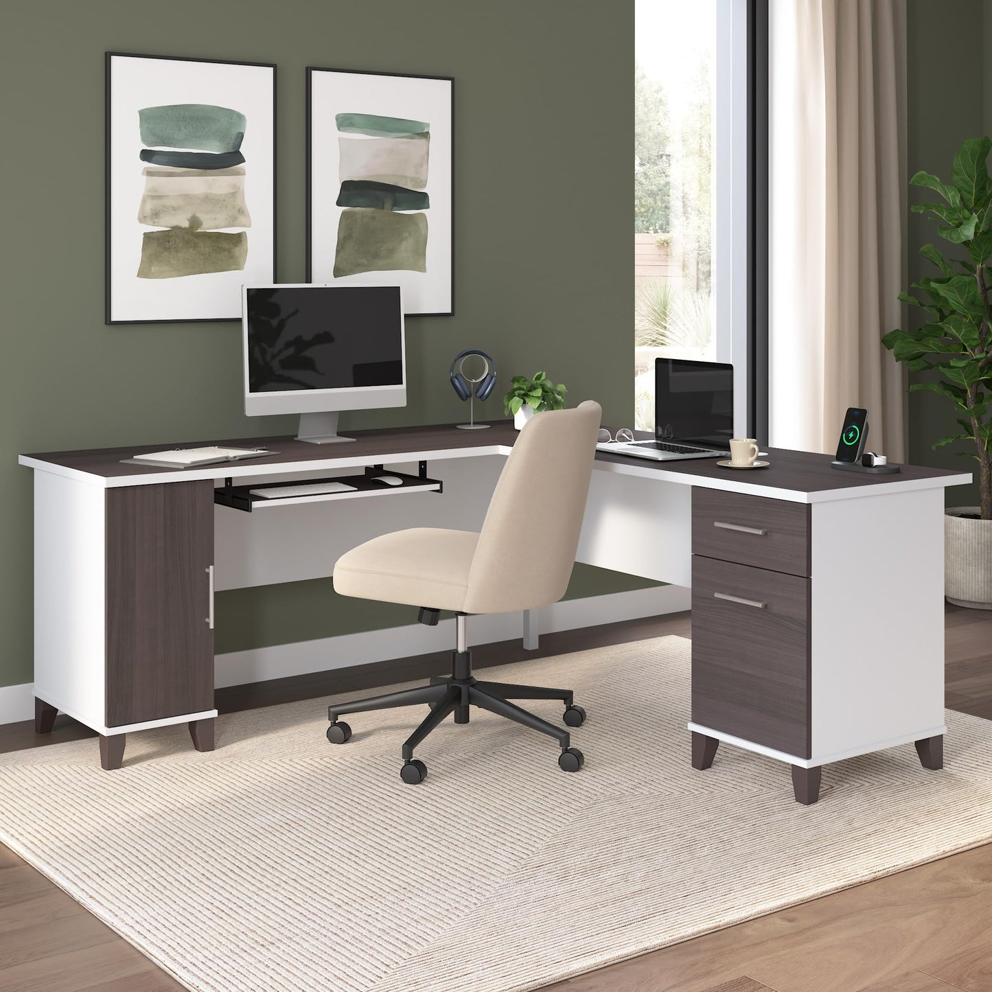 Bush Home 72-Inch L-Shaped Desk with Storage, Corner Computer Office Desk with File and Box Drawers, Home Office Workstation with Storage Cabinet, Somerset Collection, Storm Gray and White