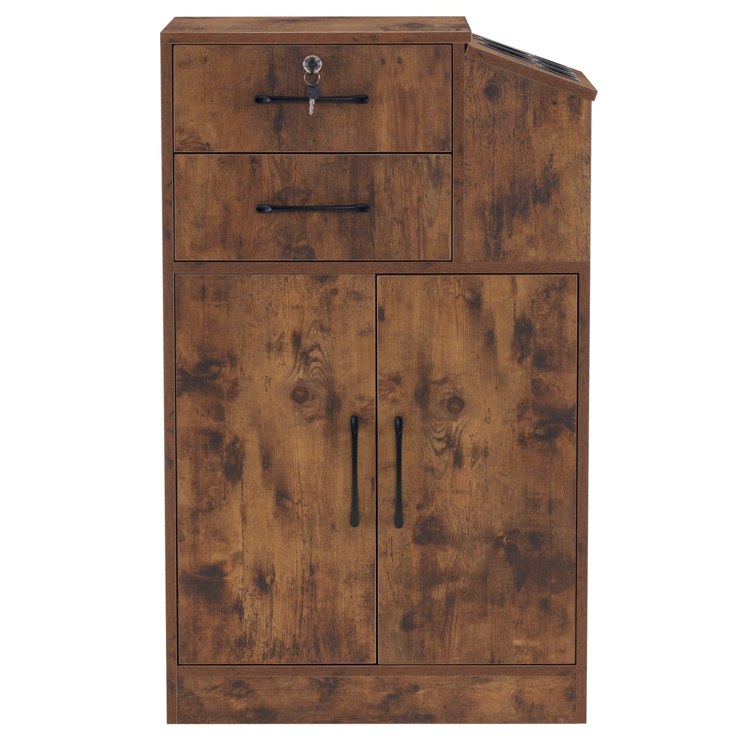 BarberPub Locking Barber Station with 2 Drawers Cabinet Beauty Salon Storage Equipment with Holders for Hair Stylist Spa 2005 (Rust Brown)