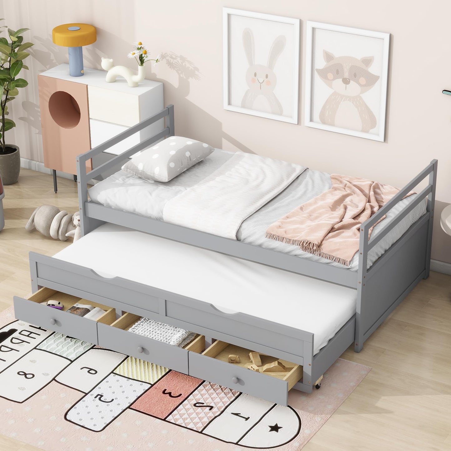KEIKI Twin Bed Frame with Trundle & 3 Storage Drawers, Modern Captain’s Bed, Pine Platform Corner Bed with Headboard & Footboard for Living Room, Guest Room, or Bedroom, Gray