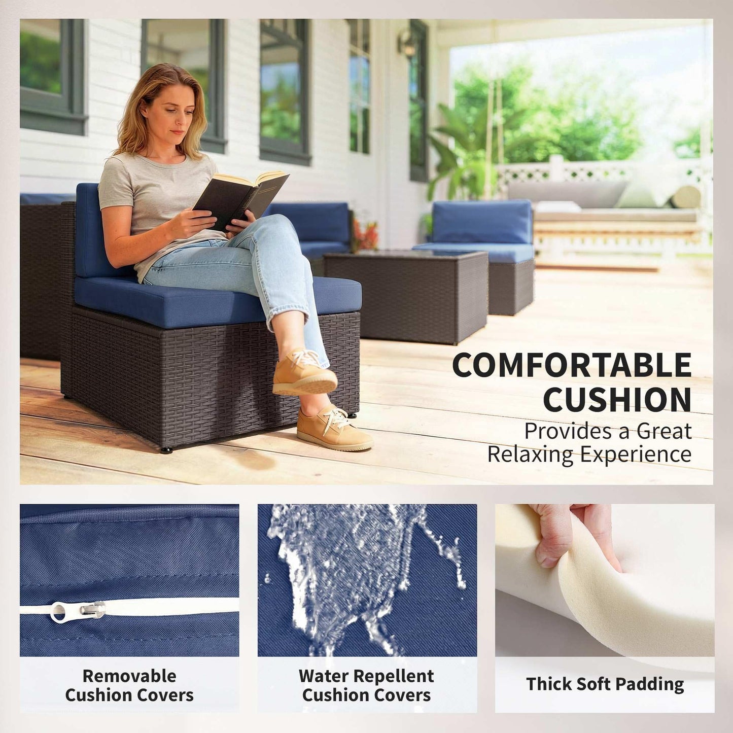 Outsunny 7 Piece Patio Furniture Set, Wicker Outdoor Sectional Sofa Set, All Weather PE Rattan Outdoor Furniture Conversation Sets with Cushions, Glass Top Coffee Table, Dark Blue