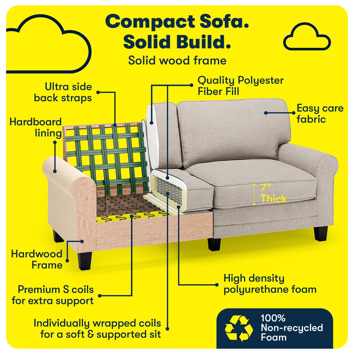 Serta Copenhagen 73" Rolled Arm Sofa, Easy Care Polyester, Soft Pillow Back, Pocket Coil Seat Cushions, Removable Covers, Loveseat or Couch for Small Spaces, Living Rooms or Bedrooms, Light Gray